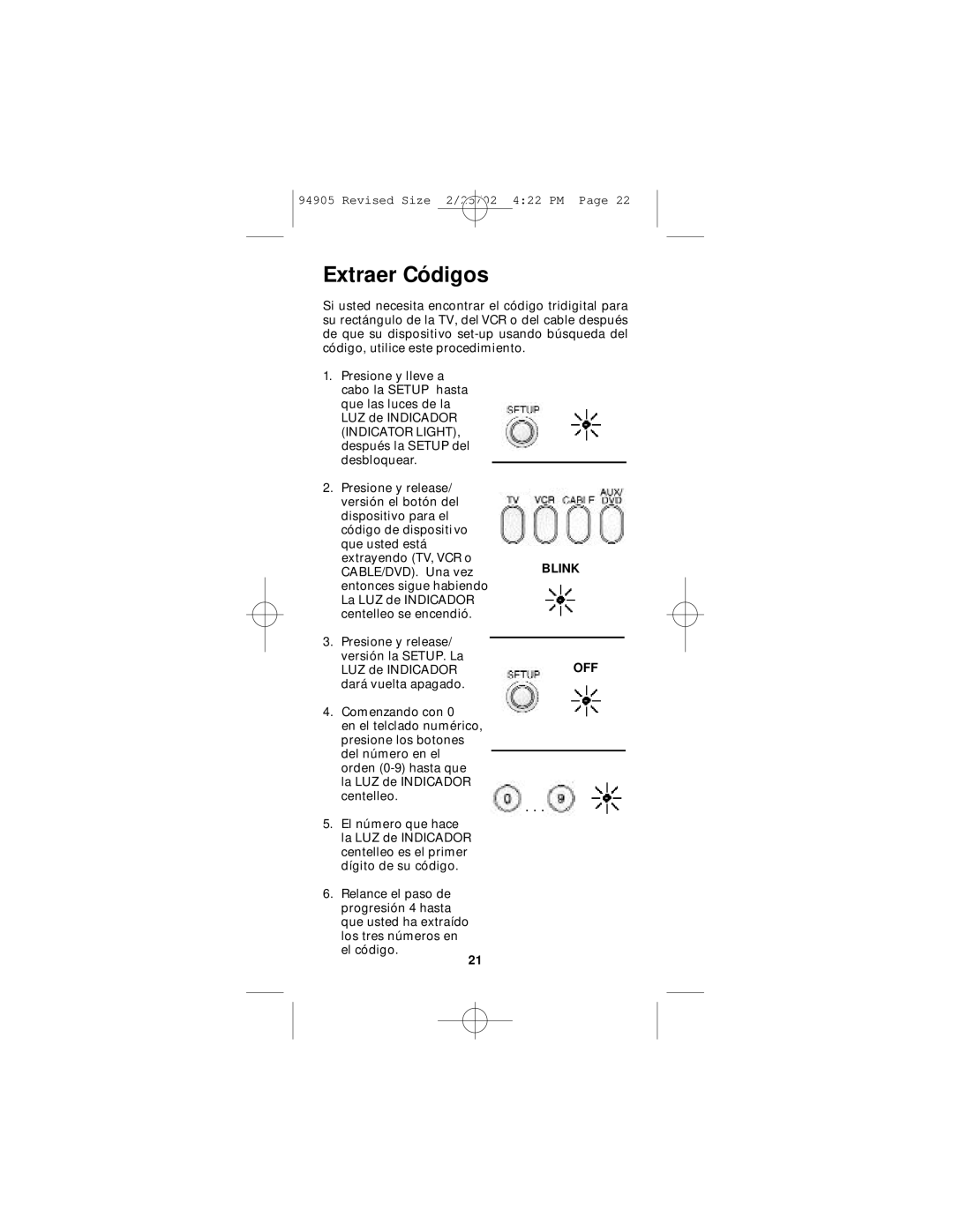 GE RM94905 instruction manual Extraer Códigos, Indicator Light 