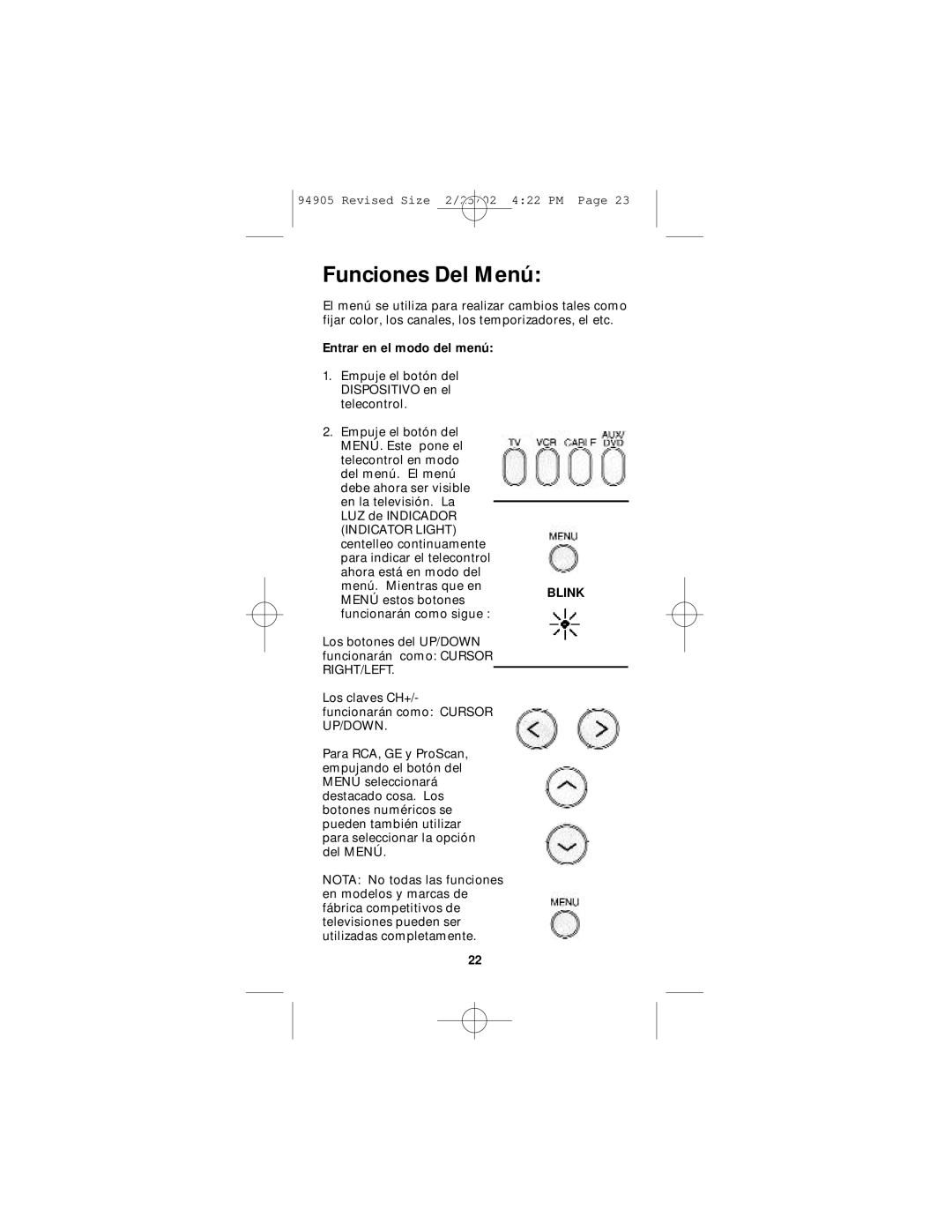 GE RM94905 instruction manual Funciones Del Menú, Entrar en el modo del menú 