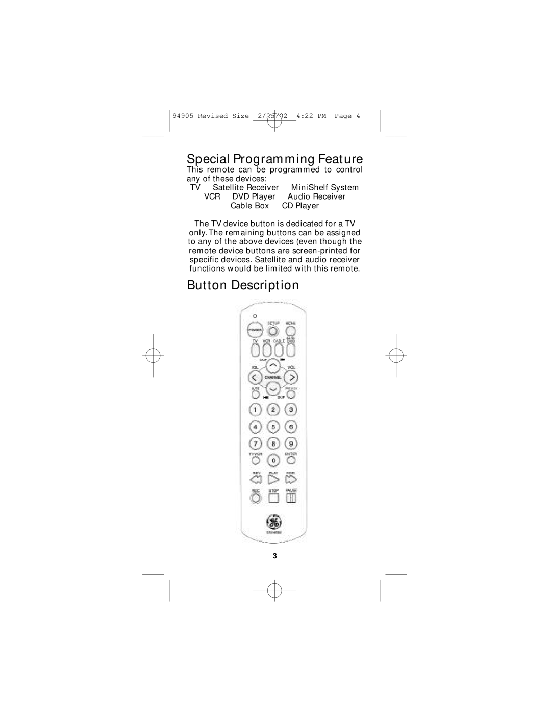 GE RM94905 instruction manual Special Programming Feature 