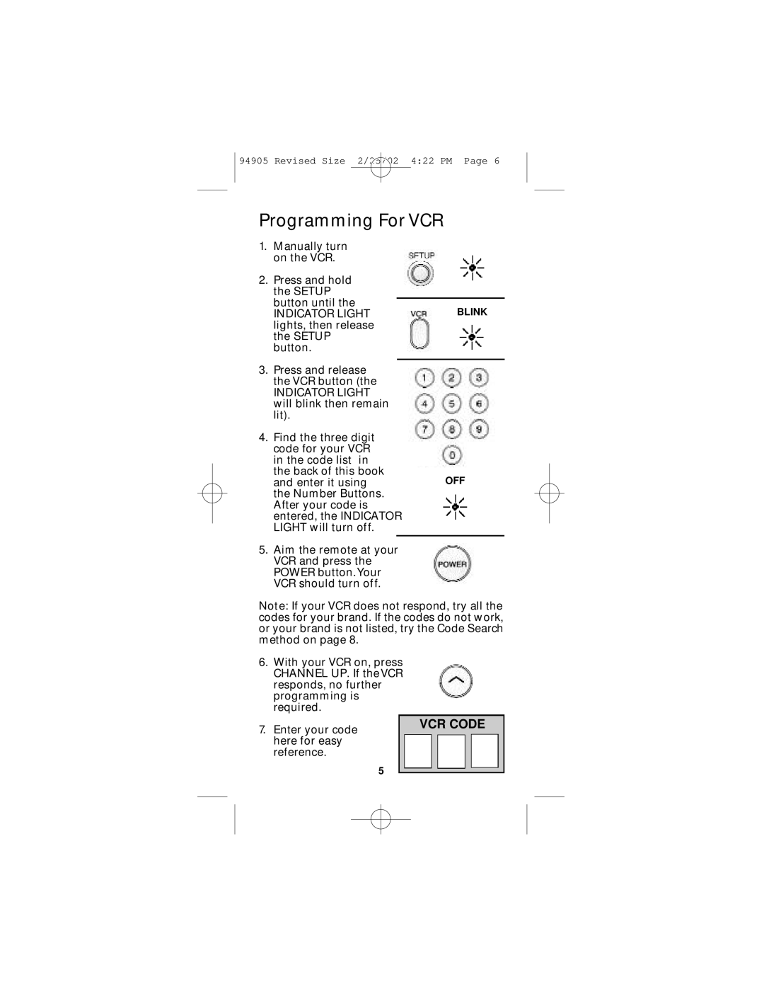 GE RM94905 instruction manual Programming For VCR 