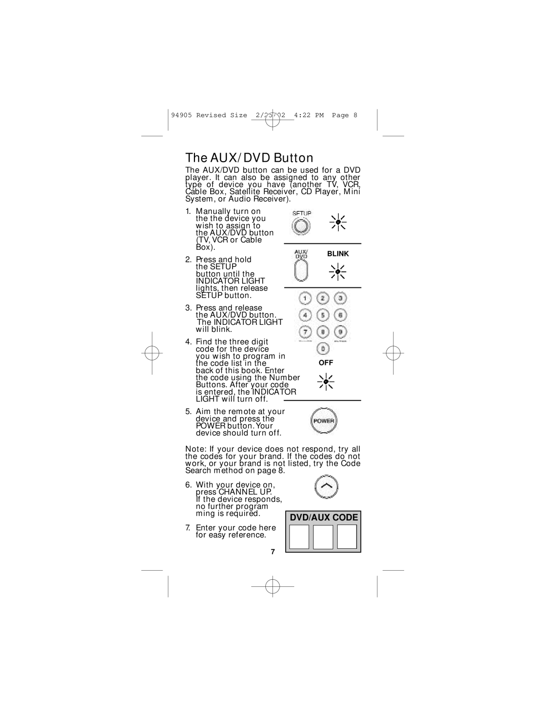 GE RM94905 instruction manual AUX/DVD Button 