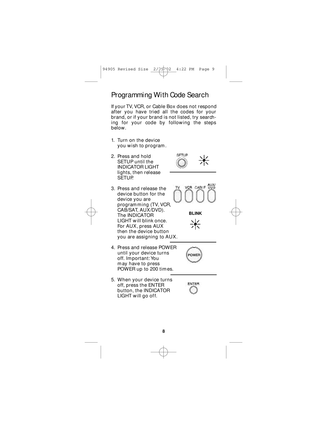 GE RM94905 instruction manual Programming With Code Search, Setup 