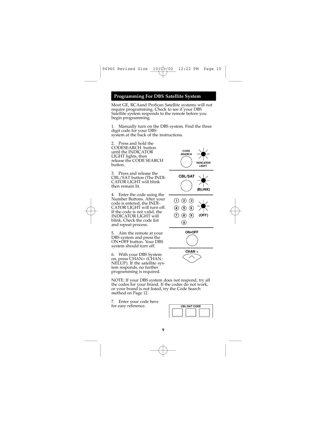 GE RM94940 instruction manual Programming For DBS Satellite System 