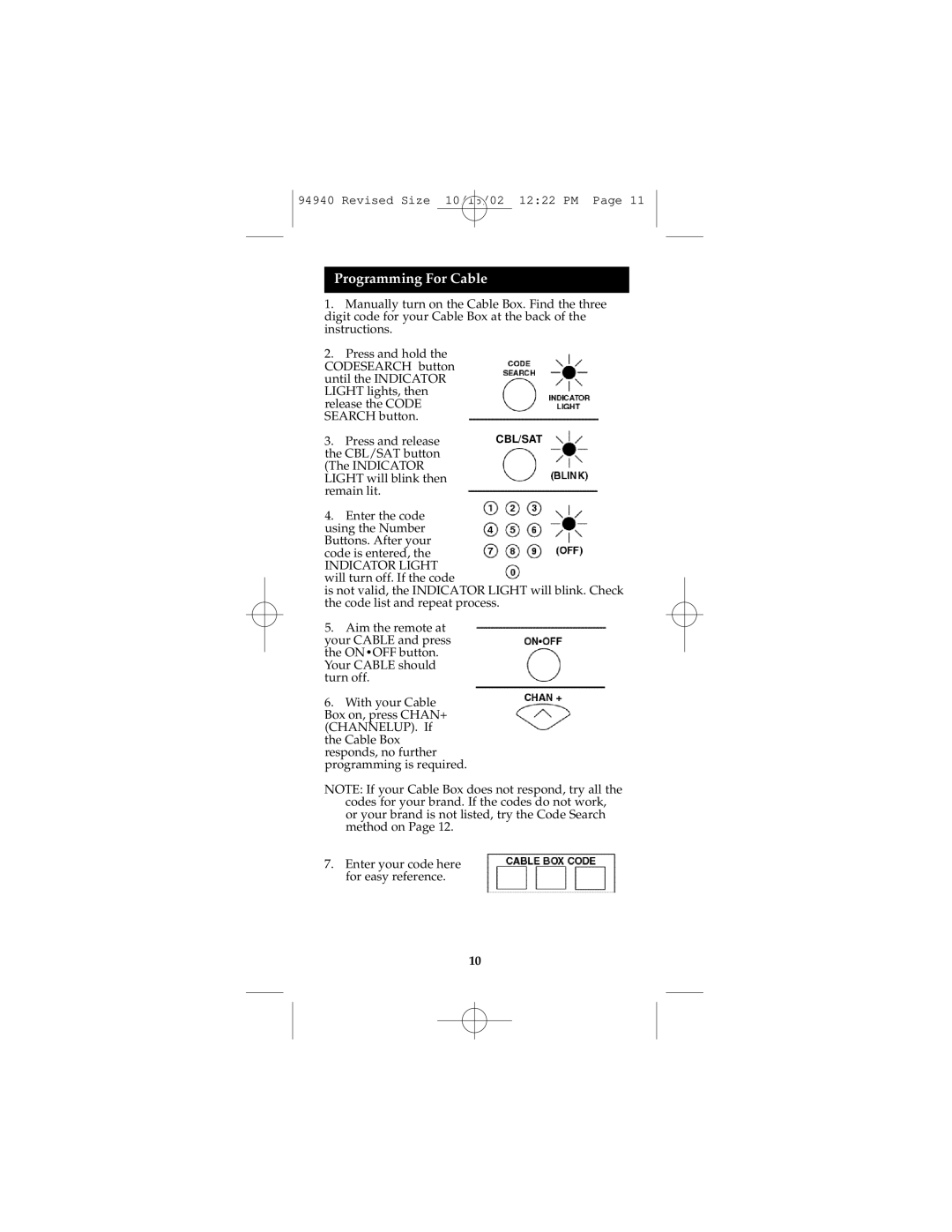 GE RM94940 instruction manual Programming For Cable 