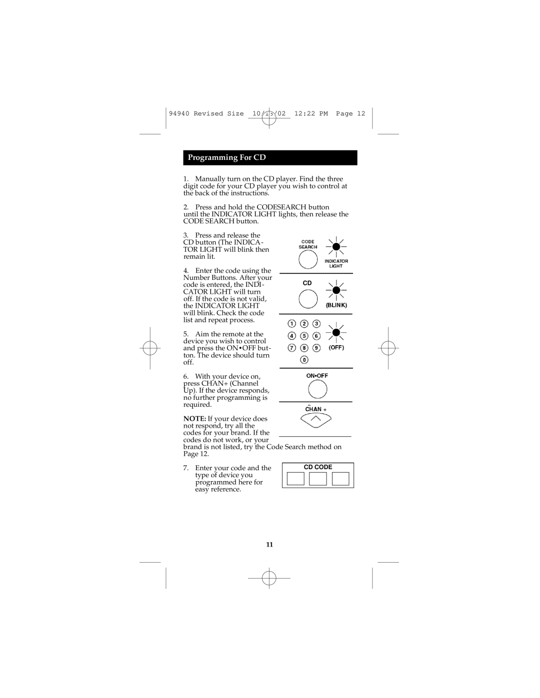 GE RM94940 instruction manual Programming For CD 