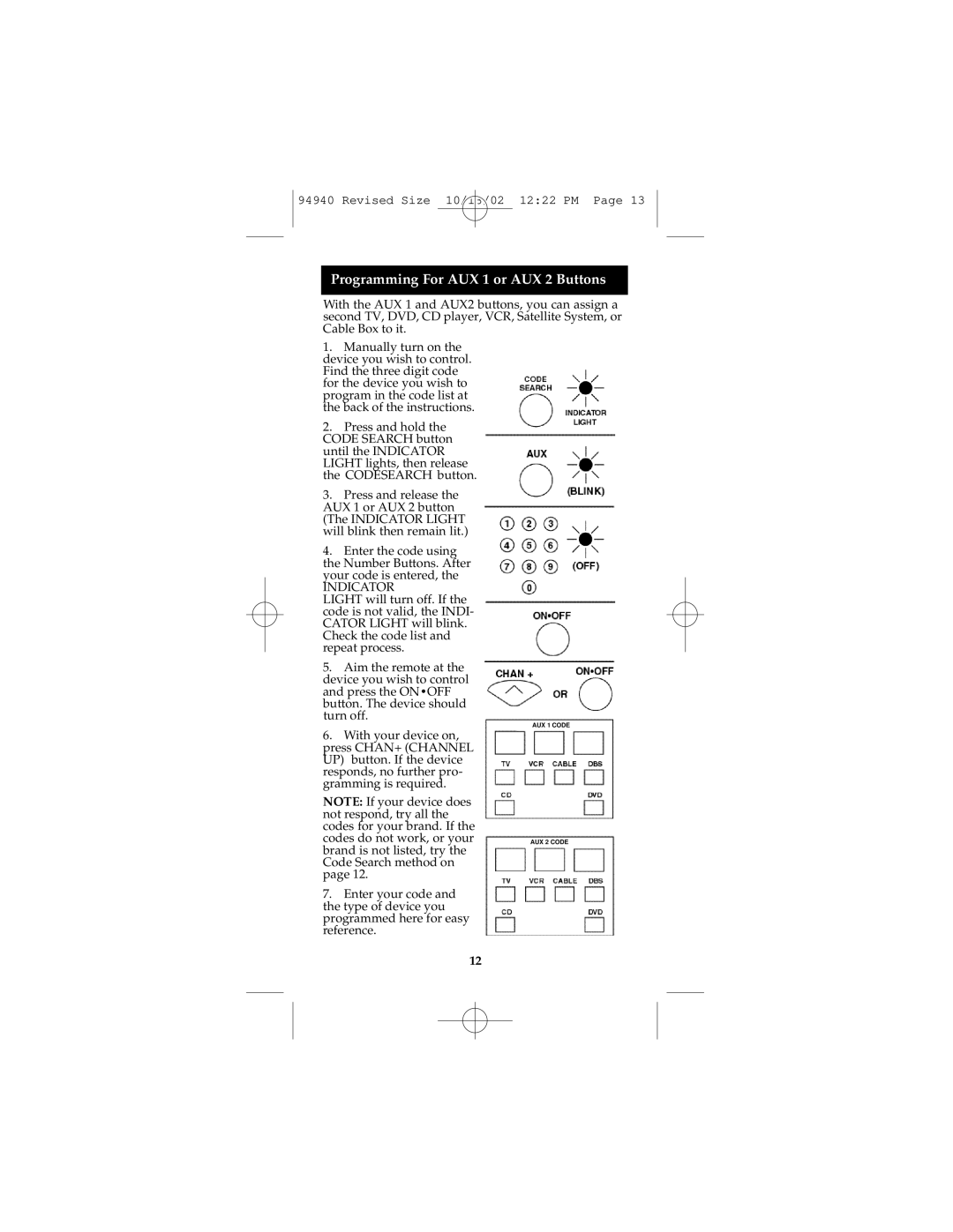 GE RM94940 instruction manual Programming For AUX 1 or AUX 2 Buttons, Indicator 