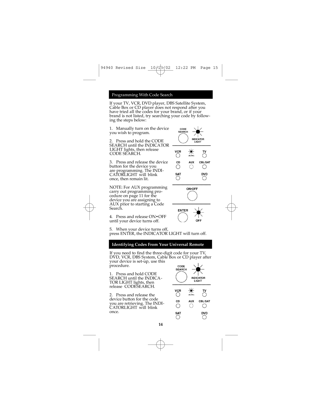 GE RM94940 instruction manual Programming With Code Search, Identifying Codes From Your Universal Remote 