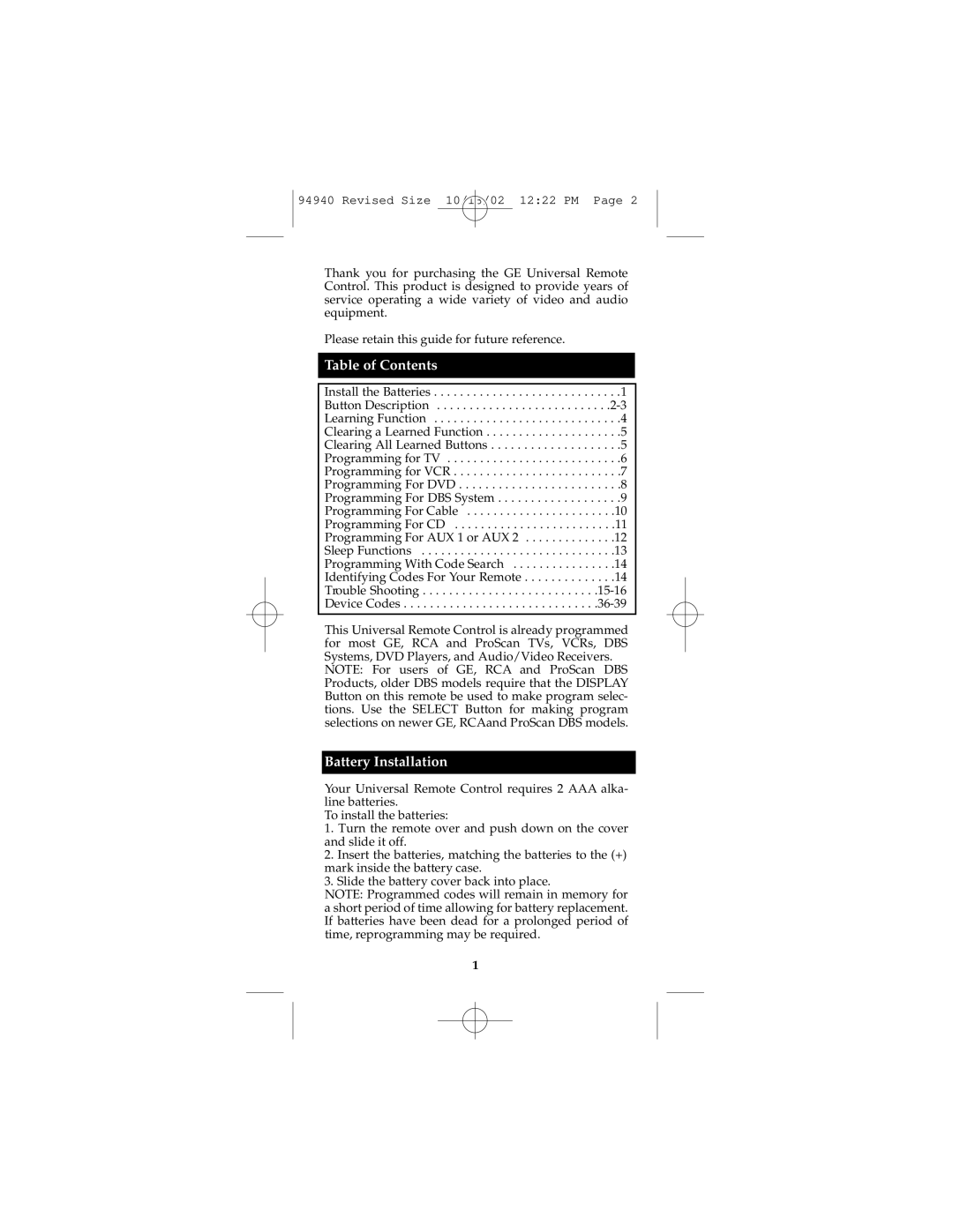 GE RM94940 instruction manual Table of Contents, Battery Installation 