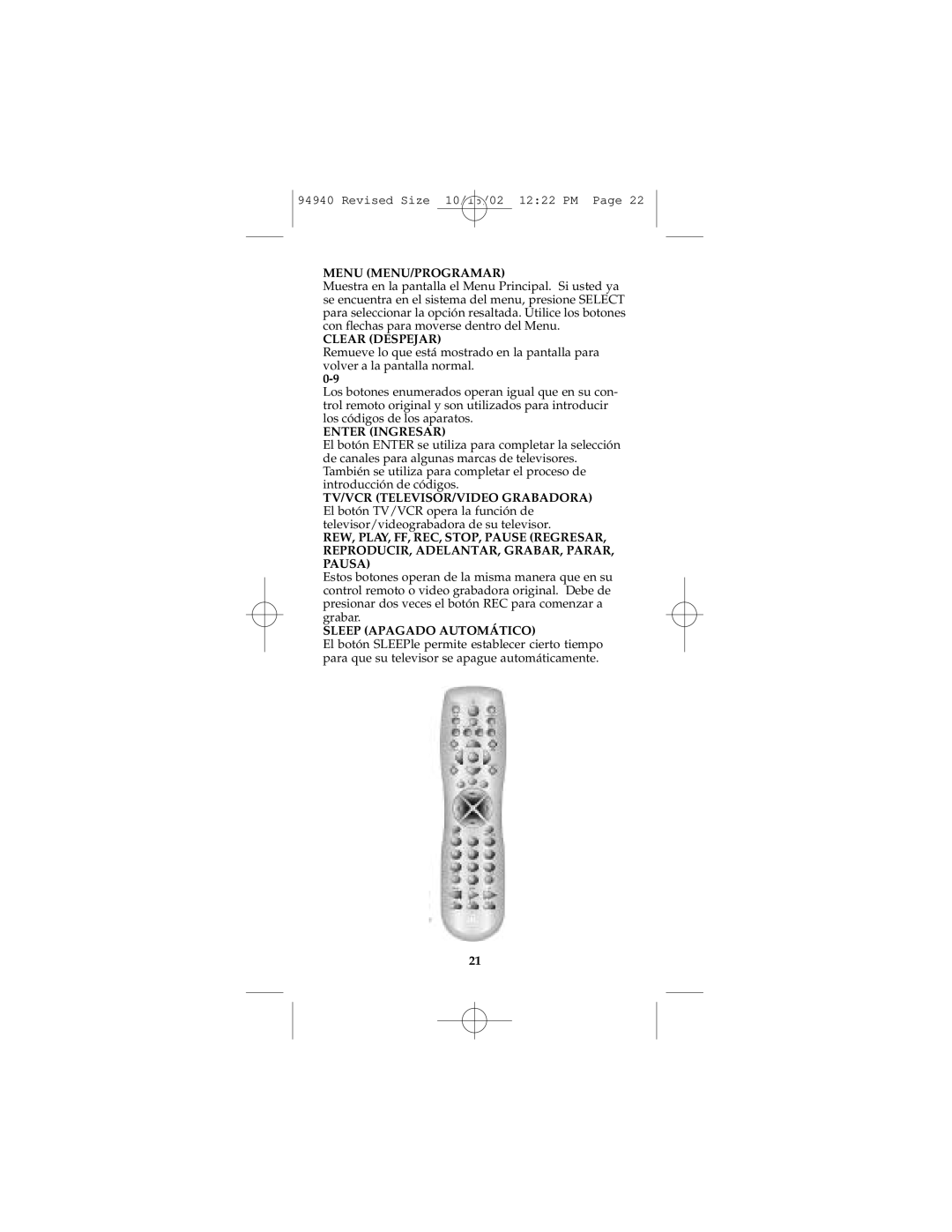 GE RM94940 instruction manual Menu MENU/PROGRAMAR 