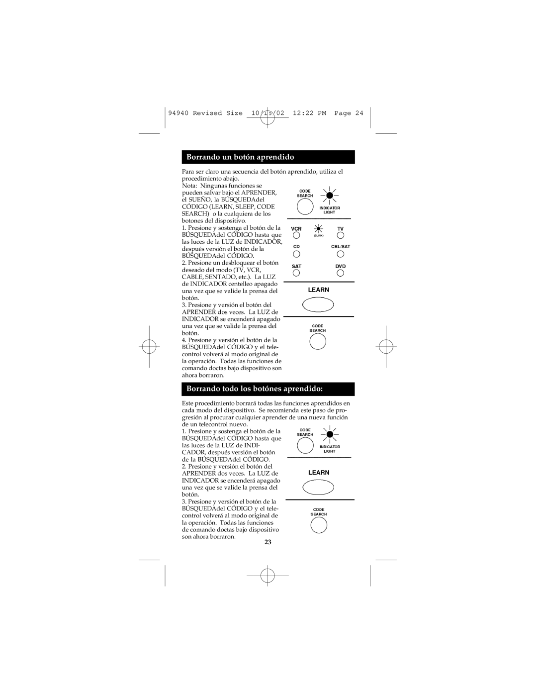 GE RM94940 instruction manual Borrando un botón aprendido, Borrando todo los botónes aprendido 