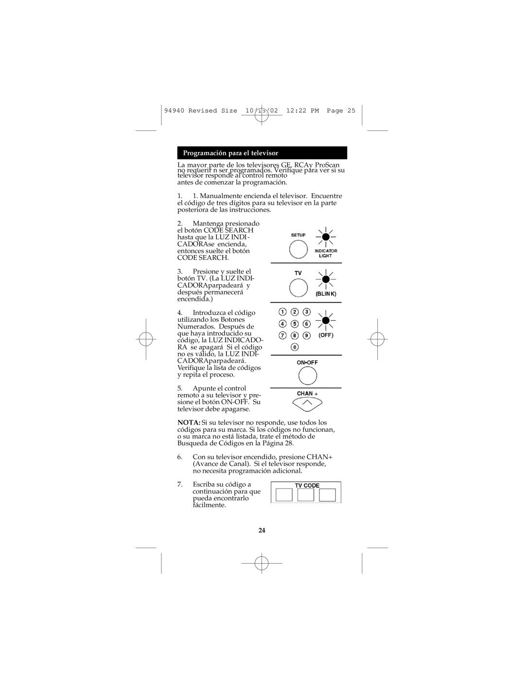 GE RM94940 instruction manual Programación para el televisor 