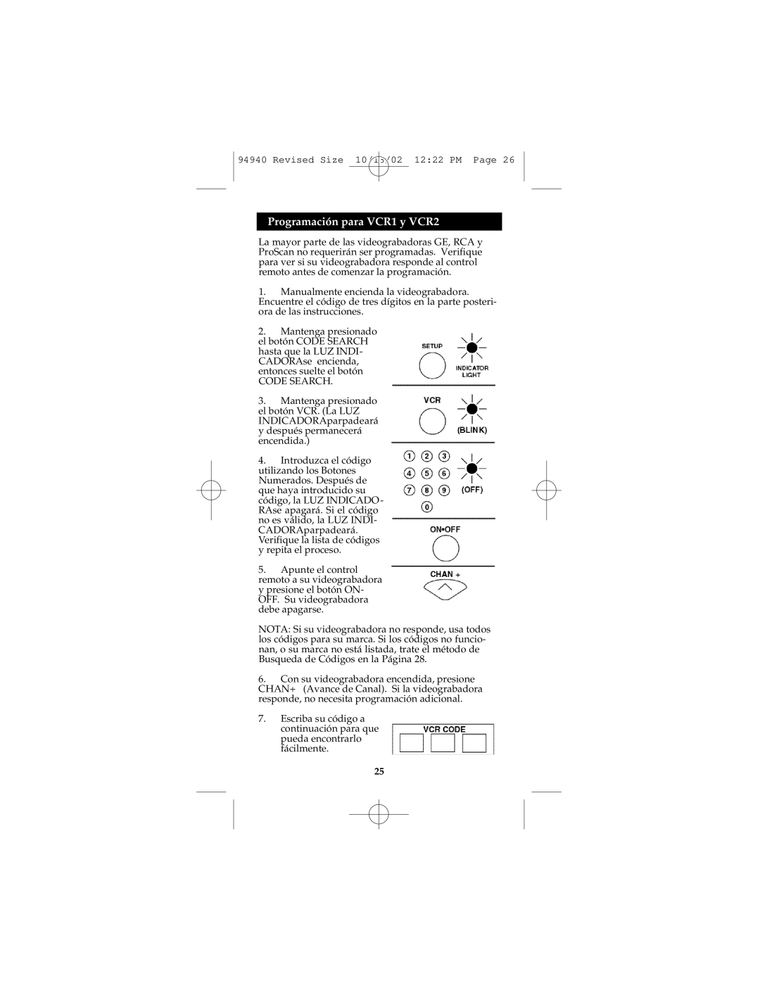 GE RM94940 instruction manual Programación para VCR1 y VCR2 