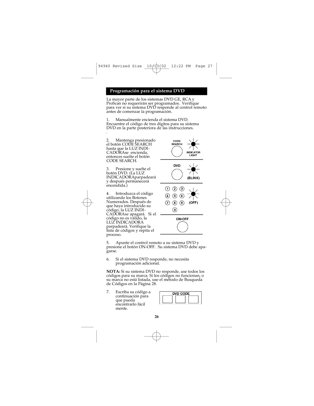 GE RM94940 instruction manual Programación para el sistema DVD 