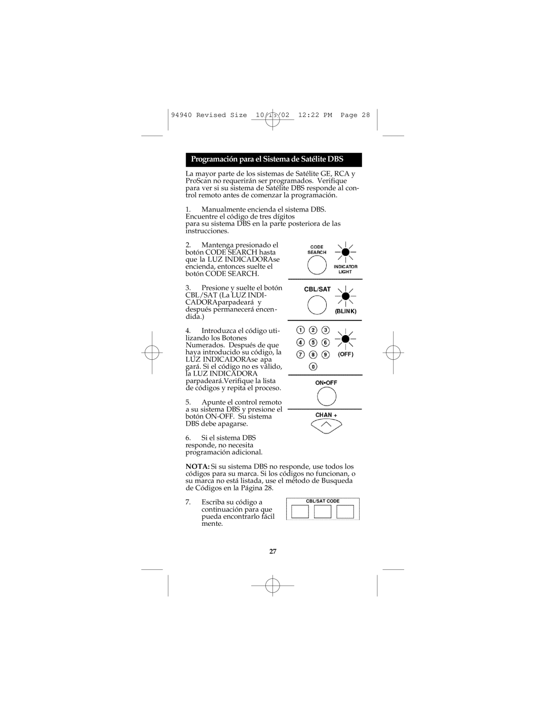 GE RM94940 instruction manual Programación para el Sistema de Satélite DBS 