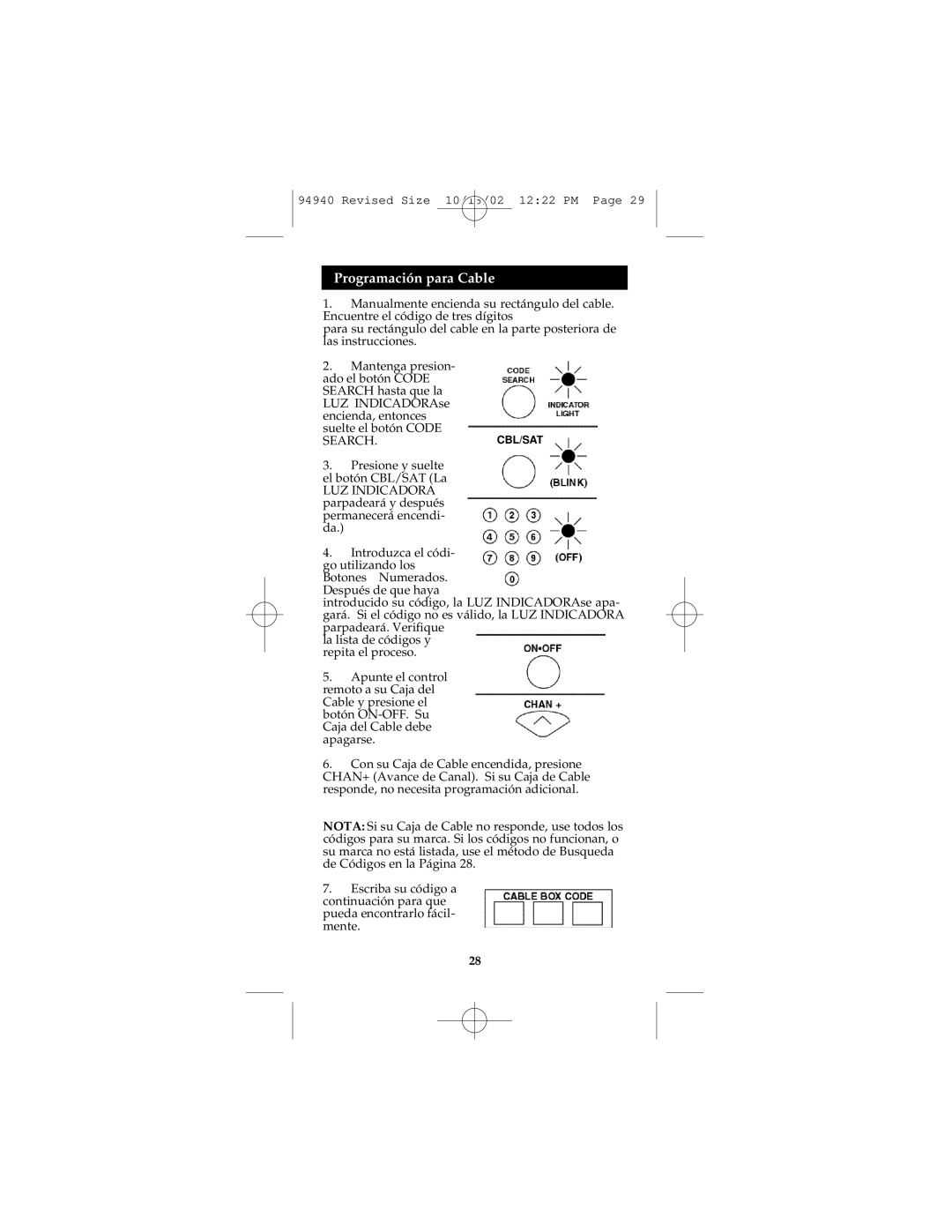 GE RM94940 instruction manual Programación para Cable, Search.Cbl/Sat 