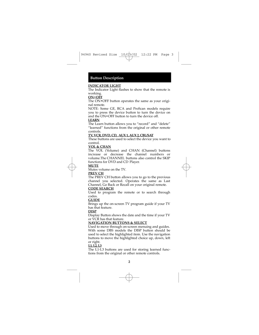 GE RM94940 instruction manual Button Description, Learn 