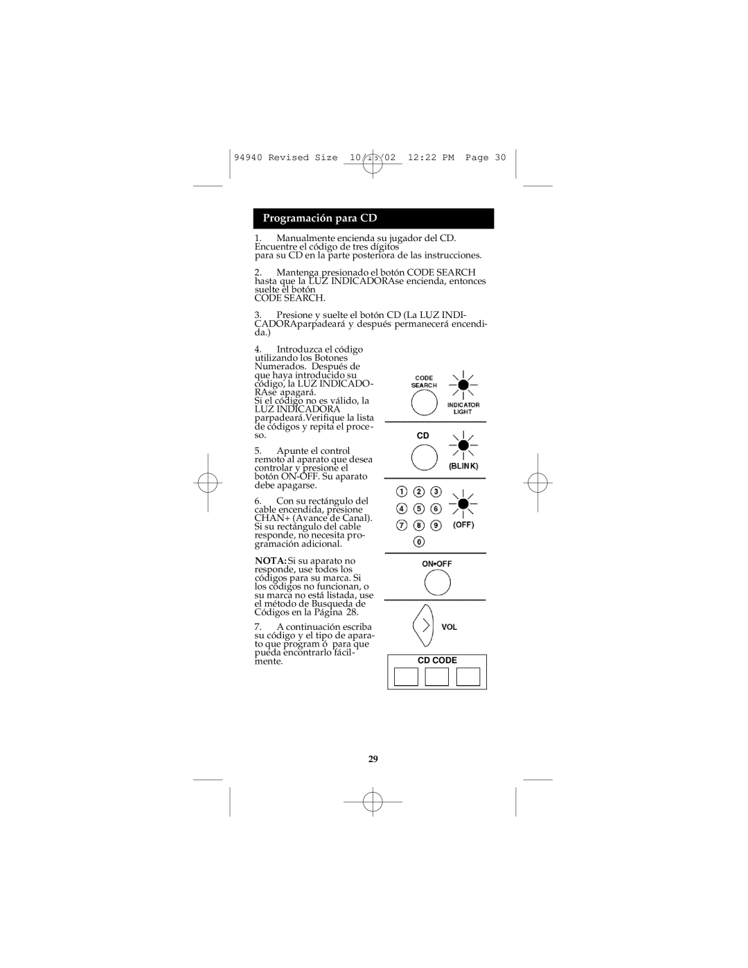 GE RM94940 instruction manual Programación para CD, Code Search 