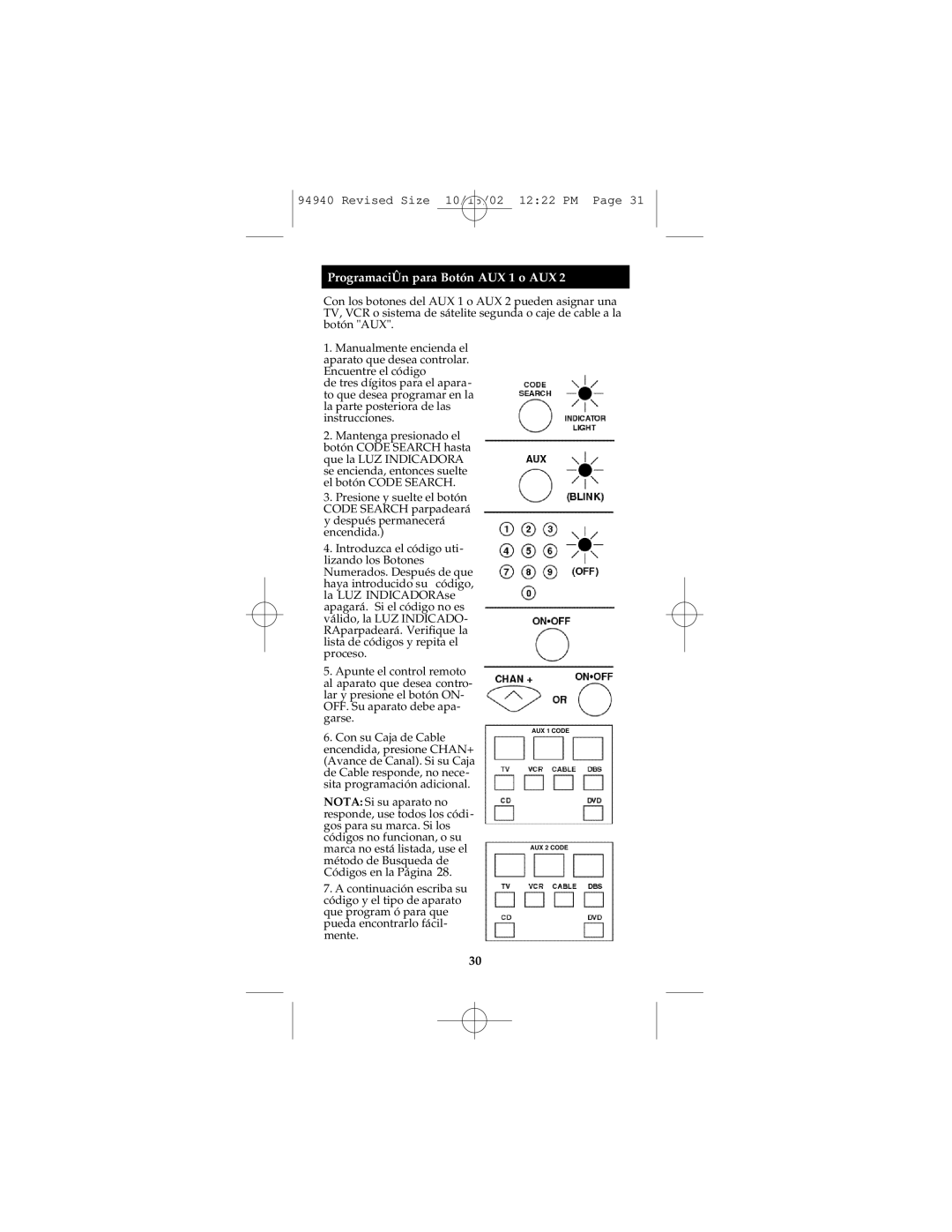 GE RM94940 instruction manual ProgramaciÛn para Botón AUX 1 o AUX 