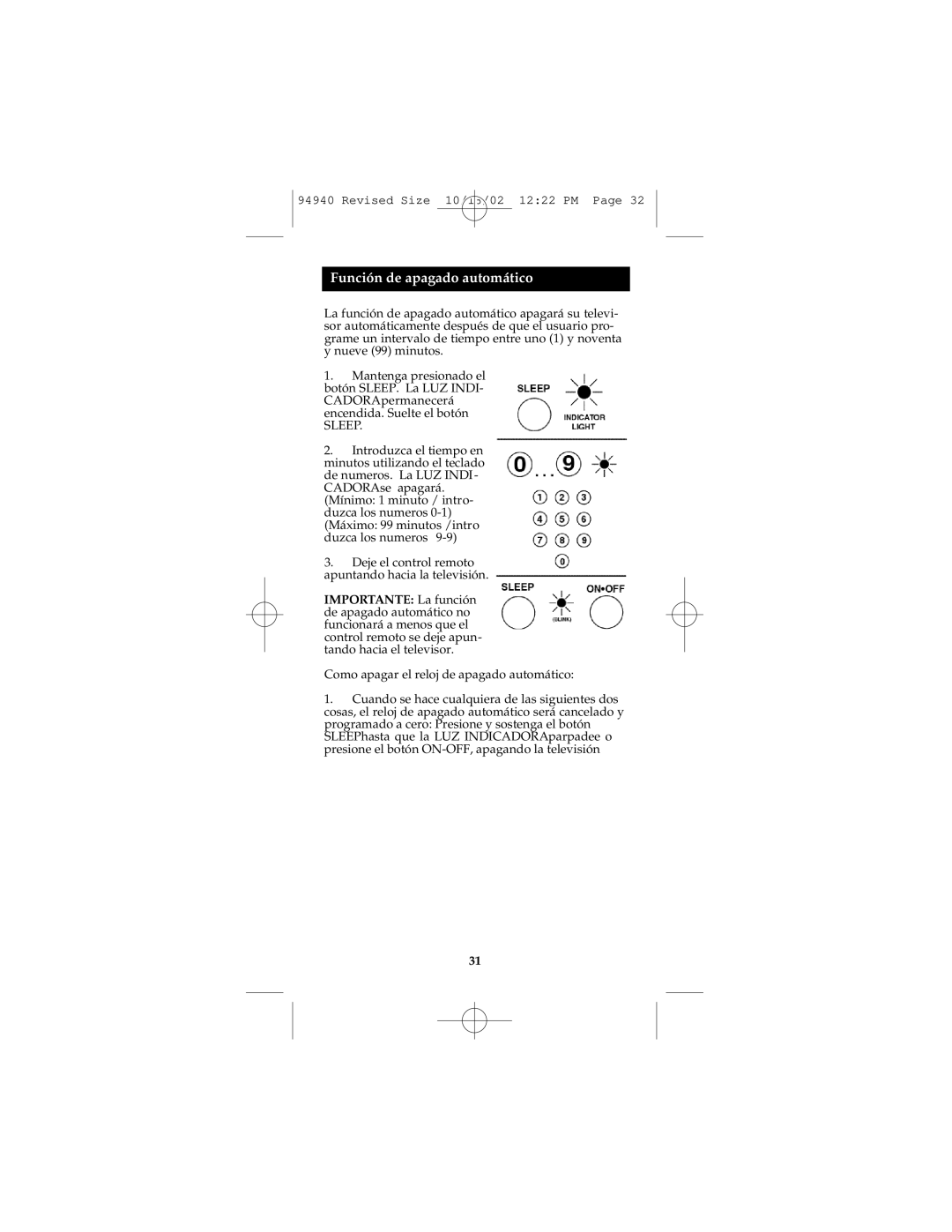 GE RM94940 instruction manual Función de apagado automático, Sleep 