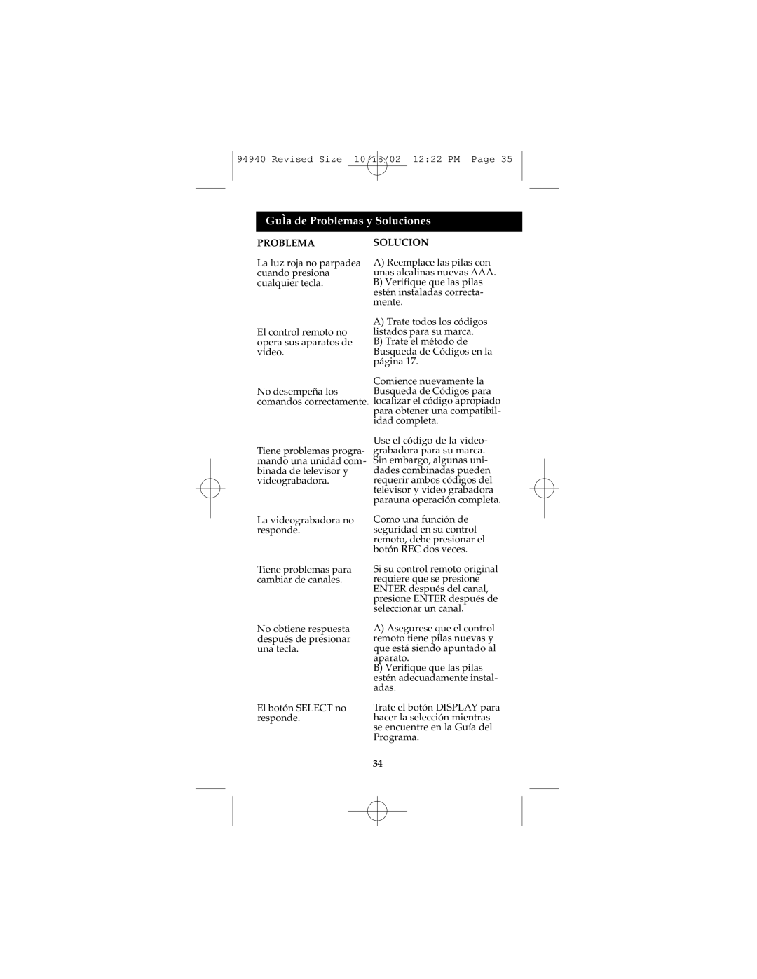 GE RM94940 instruction manual GuÌa de Problemas y Soluciones 