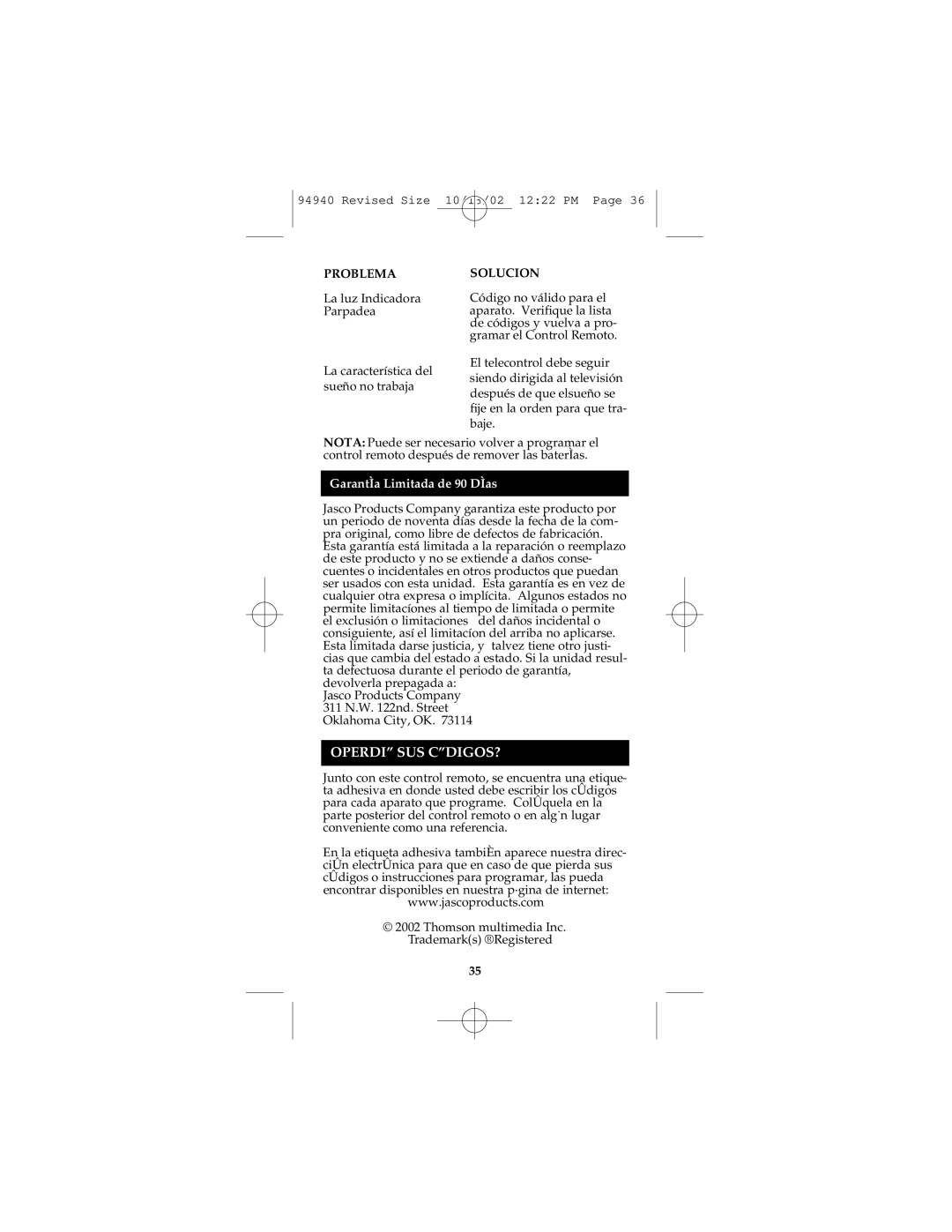 GE RM94940 instruction manual Operdi SUS CDIGOS?, GarantÌa Limitada de 90 DÌas 