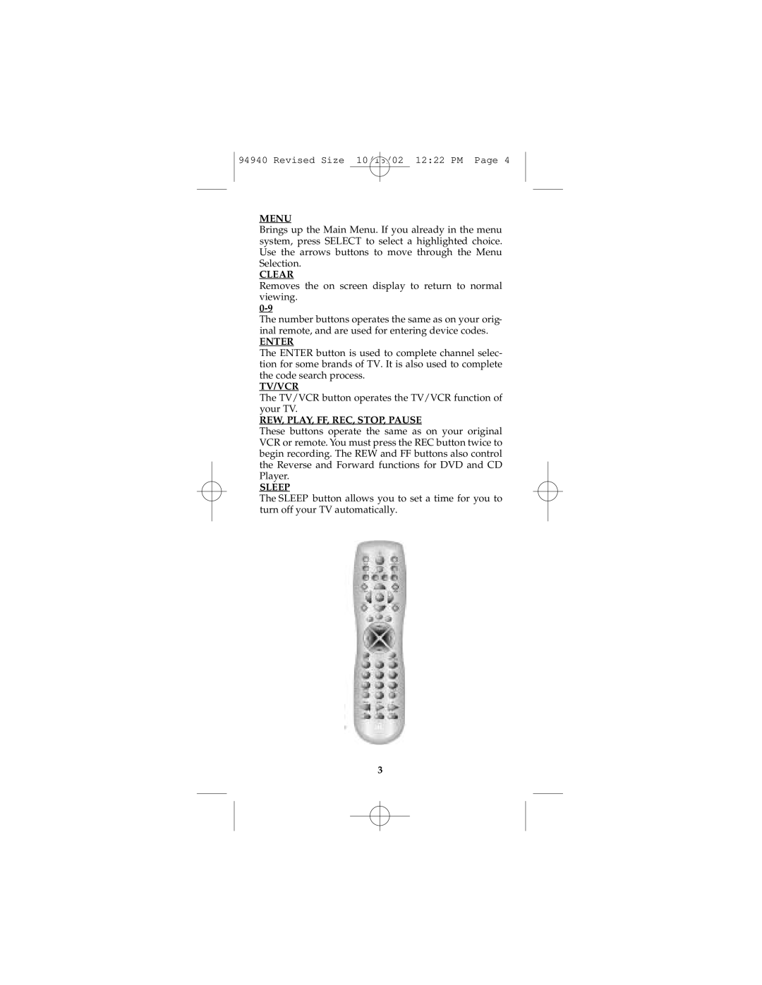 GE RM94940 instruction manual Tv/Vcr 