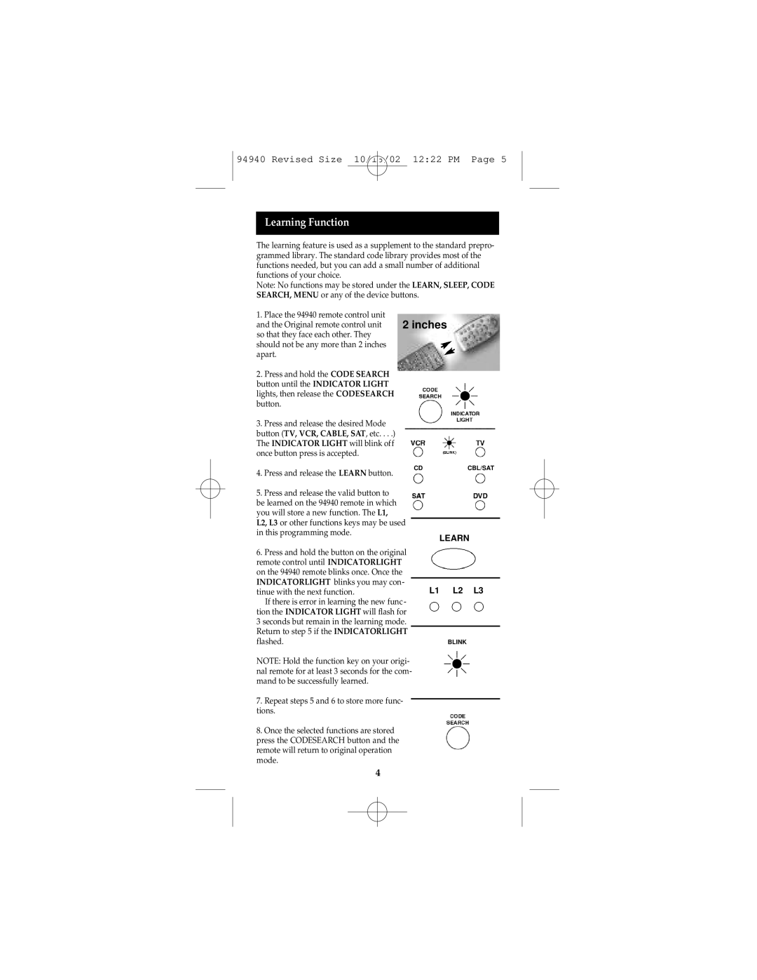 GE RM94940 instruction manual Learning Function 