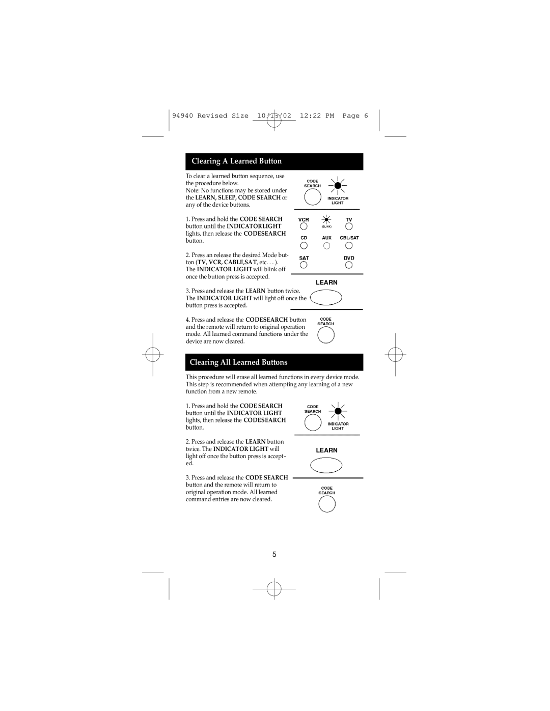 GE RM94940 instruction manual Clearing a Learned Button, Clearing All Learned Buttons 