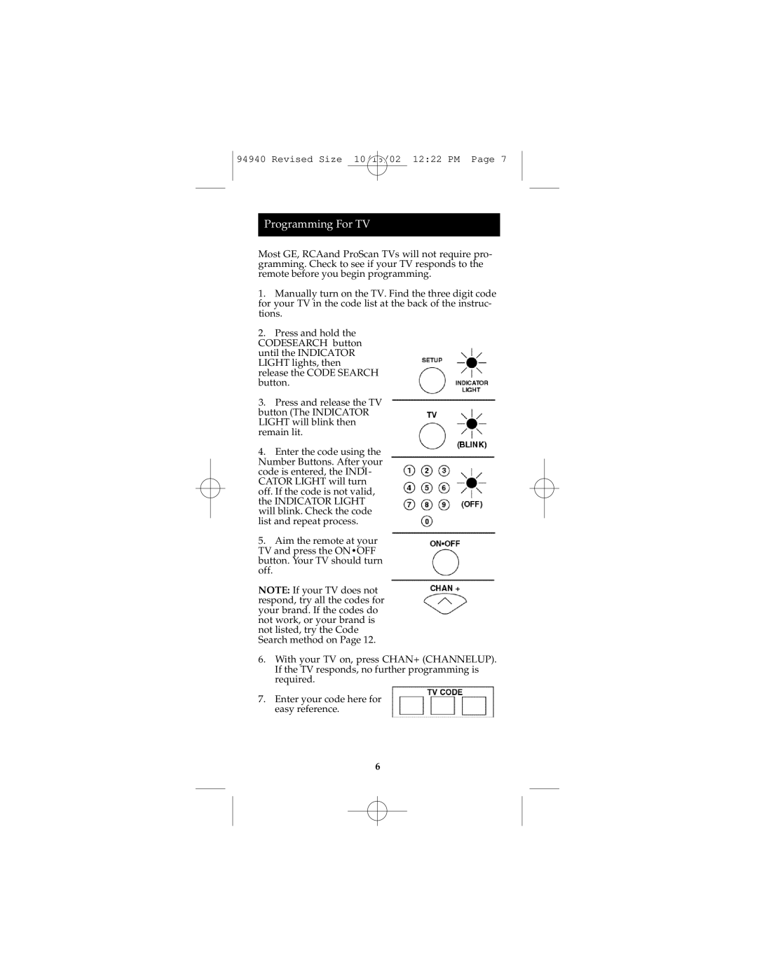 GE RM94940 instruction manual Programming For TV 