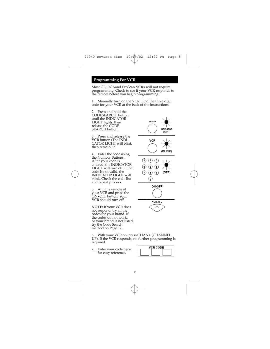 GE RM94940 instruction manual Programming For VCR 