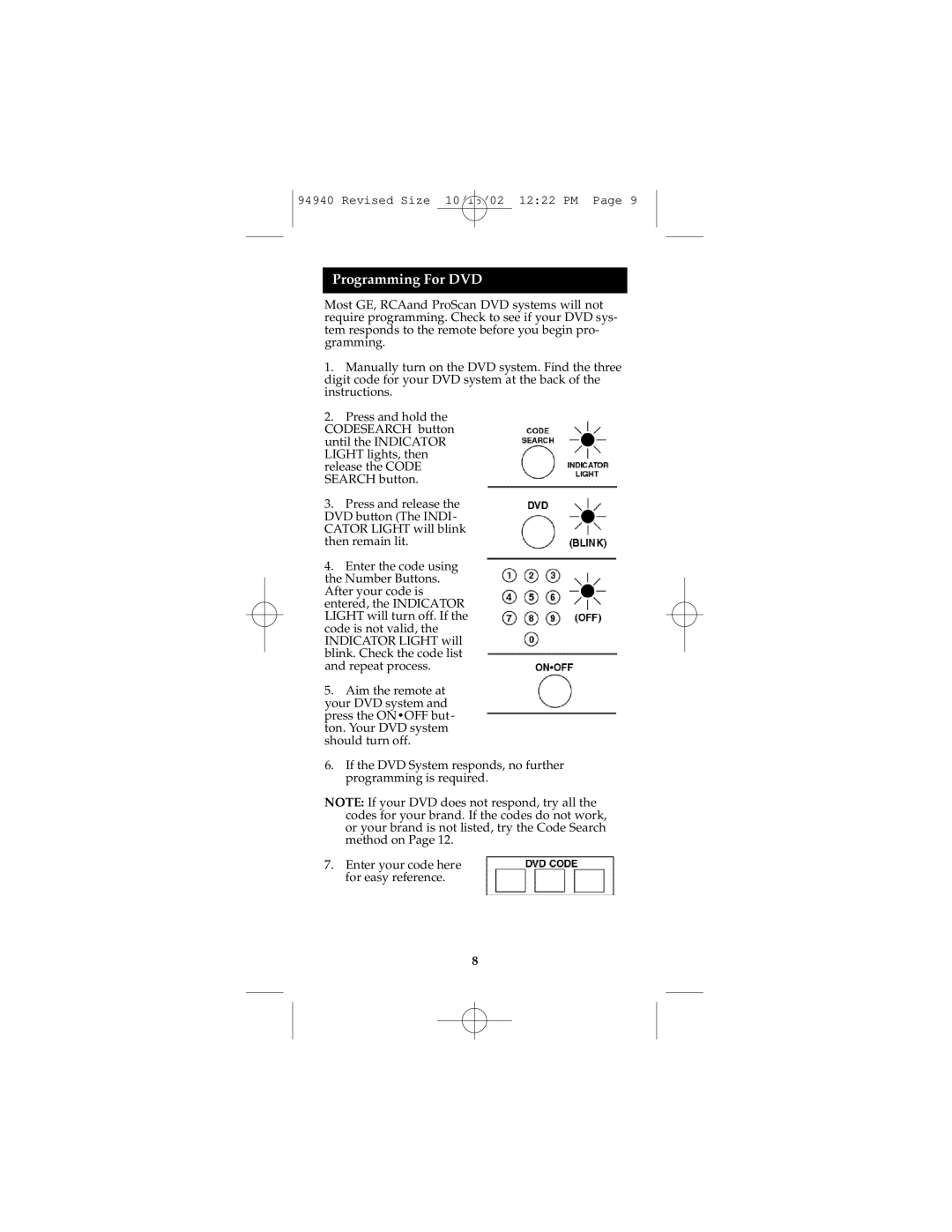 GE RM94940 instruction manual Programming For DVD 