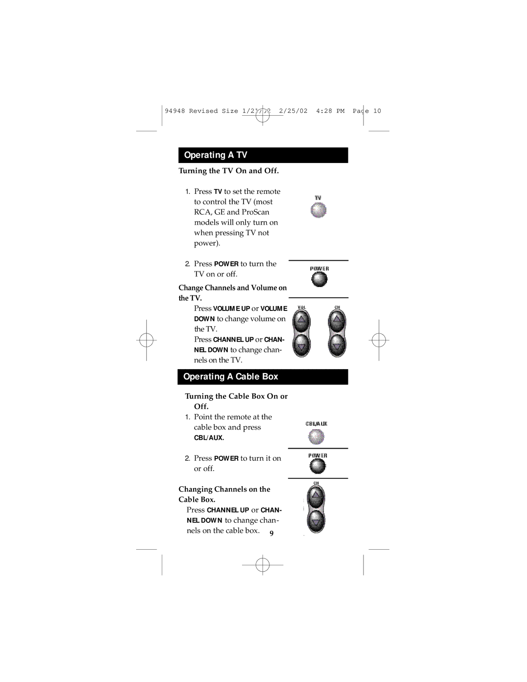 GE RM94948 instruction manual Operating a TV, Operating a Cable Box 