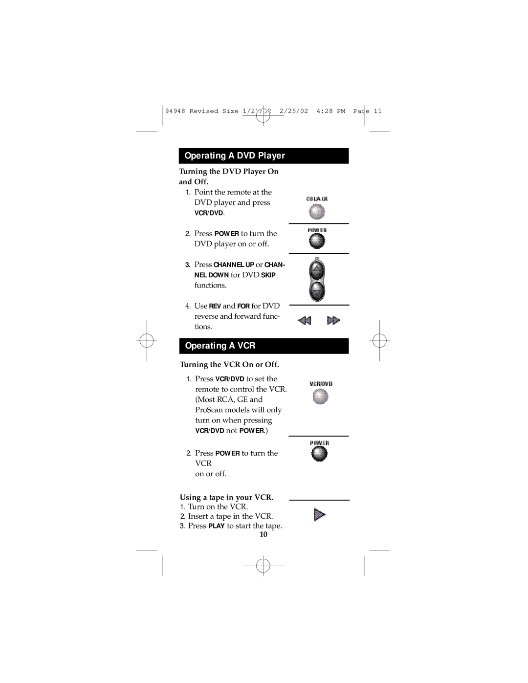 GE RM94948 instruction manual Operating a DVD Player, Operating a VCR 