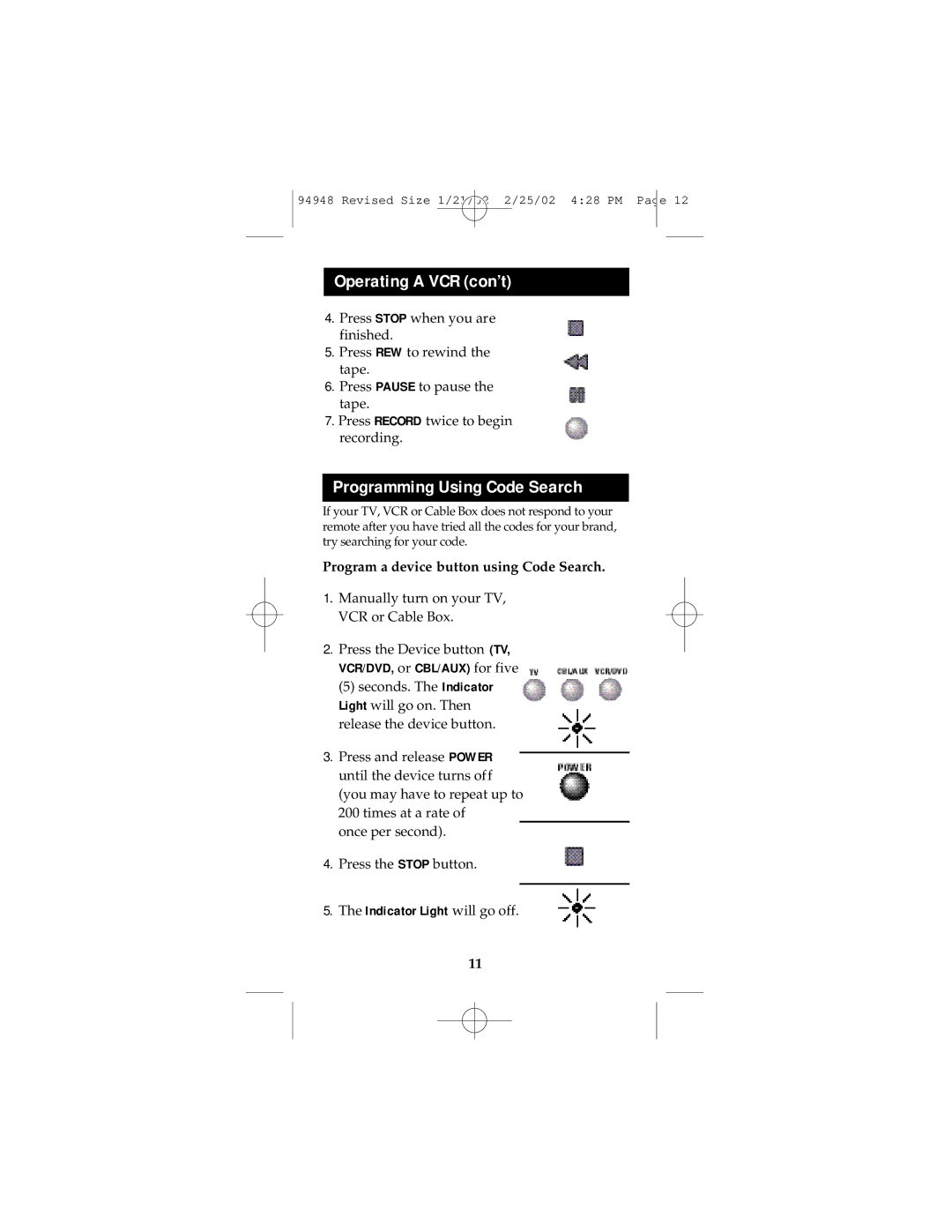 GE RM94948 instruction manual Operating a VCR con’t, Programming Using Code Search 