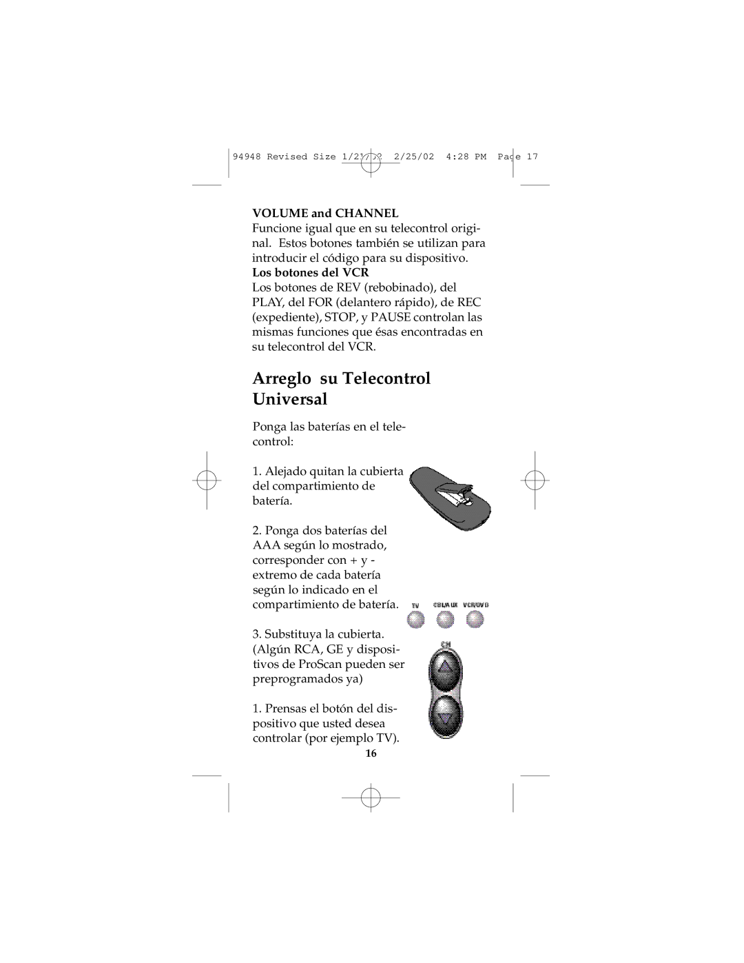 GE RM94948 instruction manual Arreglo su Telecontrol Universal, Volume and Channel 