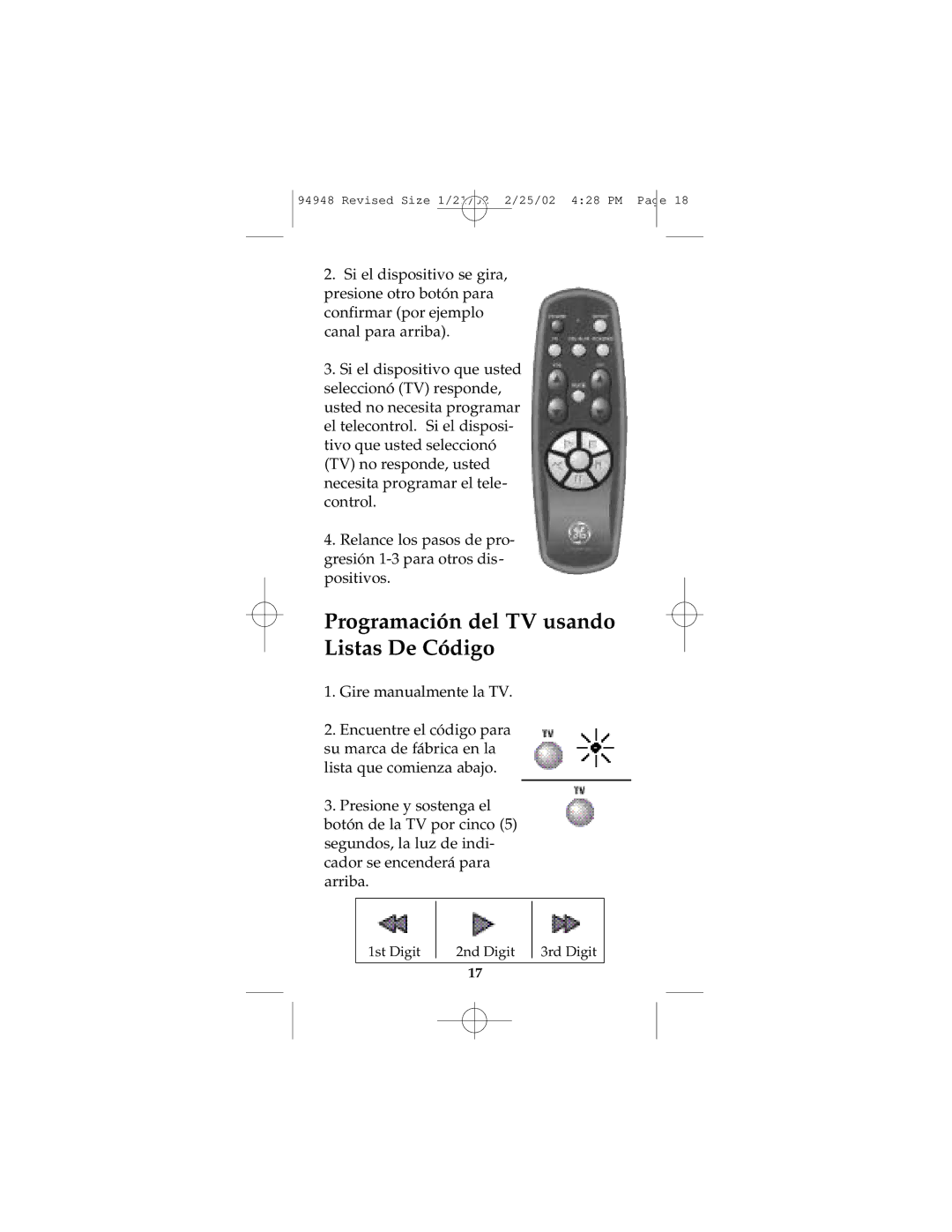 GE RM94948 instruction manual Programación del TV usando Listas De Código 