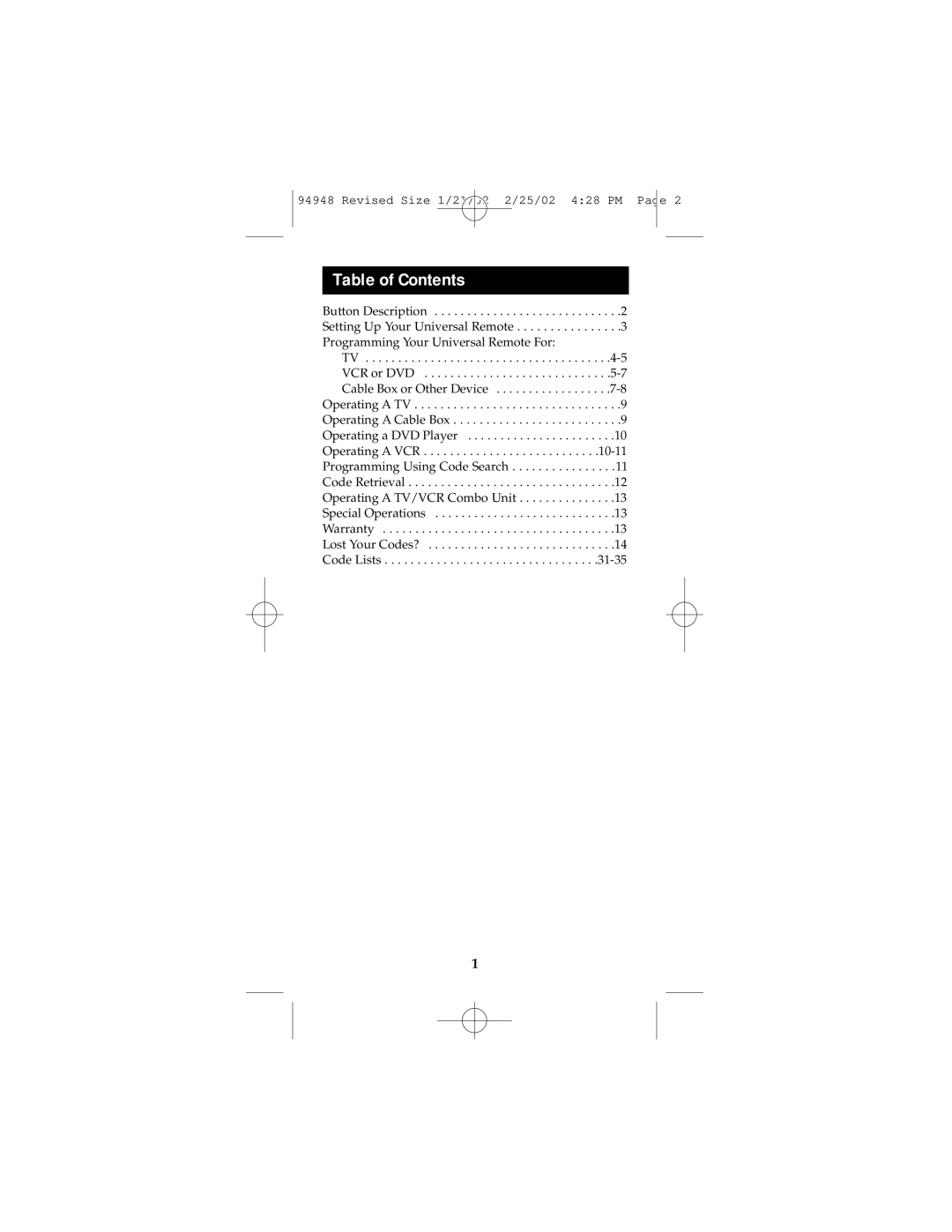 GE RM94948 instruction manual Table of Contents 