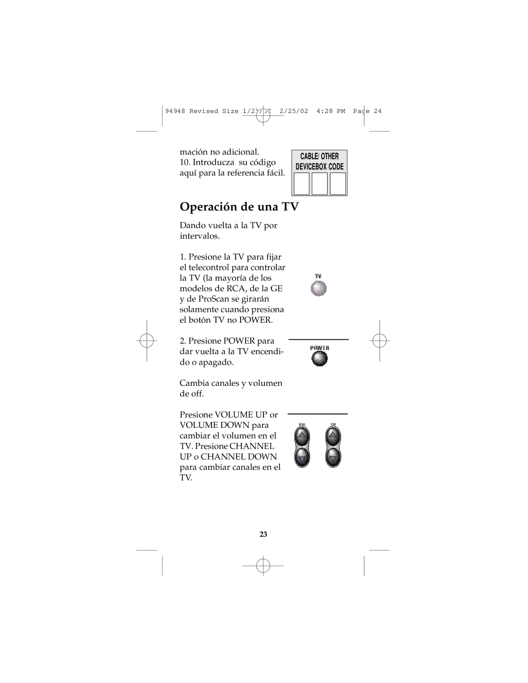 GE RM94948 instruction manual Operación de una TV 