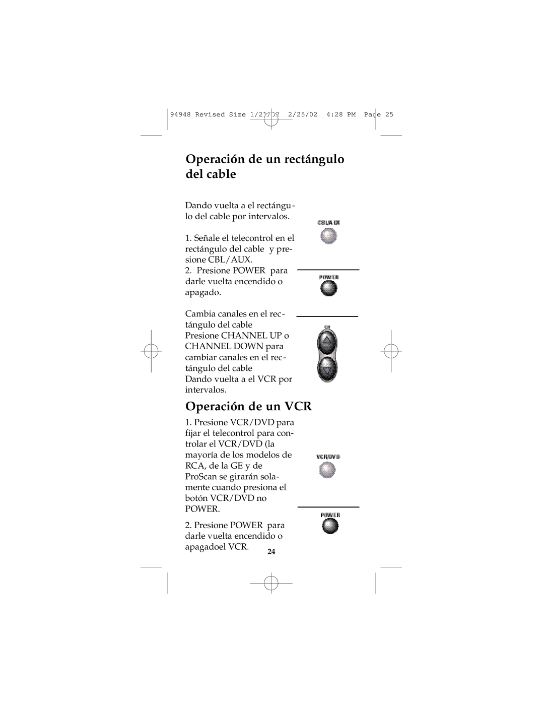 GE RM94948 instruction manual Operación de un rectángulo del cable, Operación de un VCR 