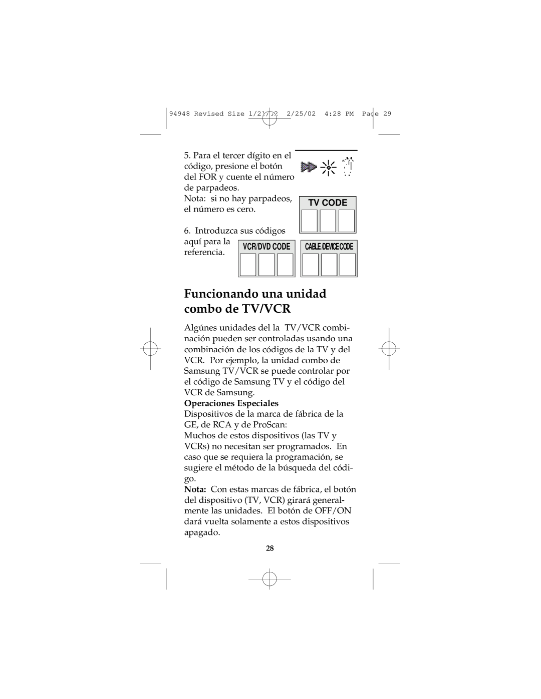 GE RM94948 instruction manual Funcionando una unidad combo de TV/VCR, Operaciones Especiales 