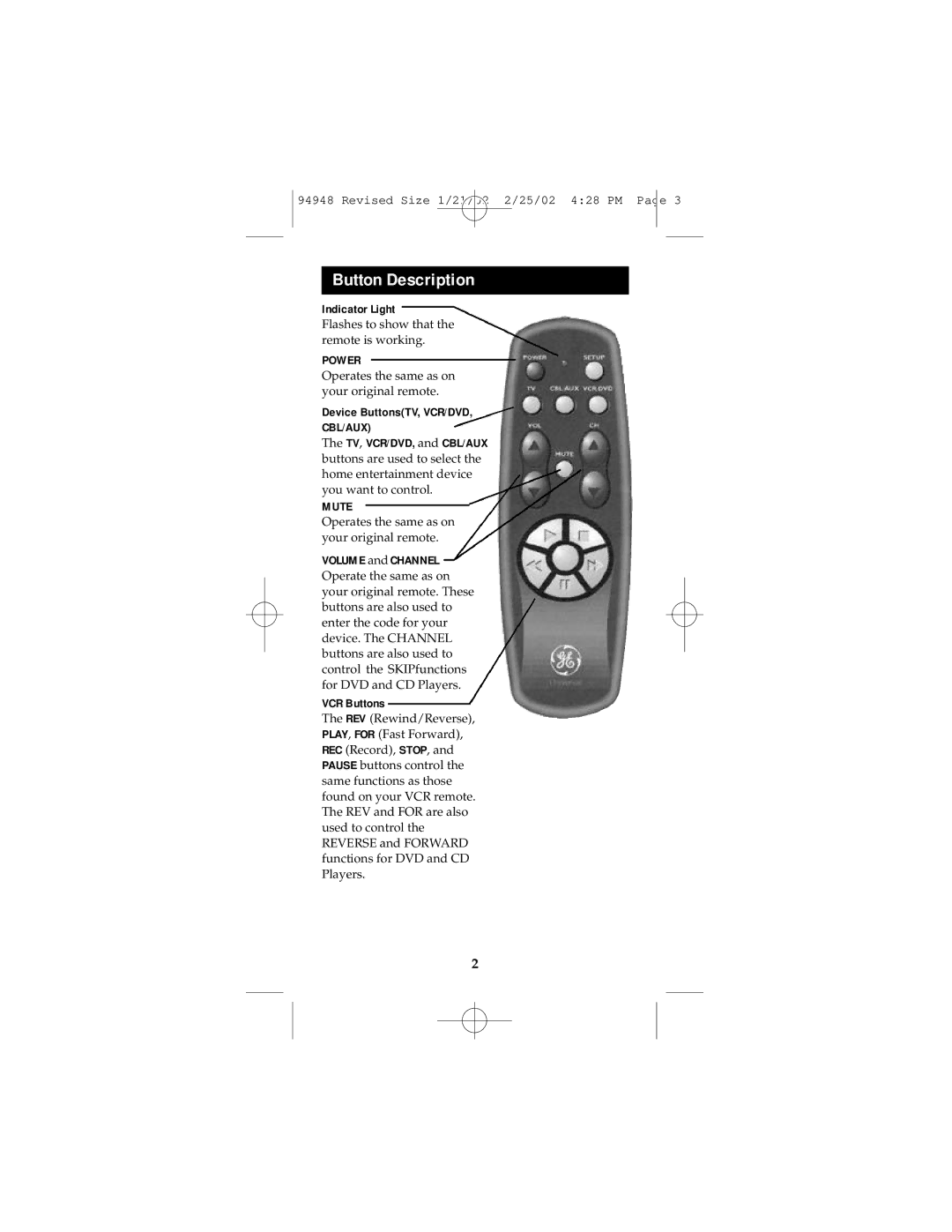 GE RM94948 instruction manual Button Description, Cbl/Aux 