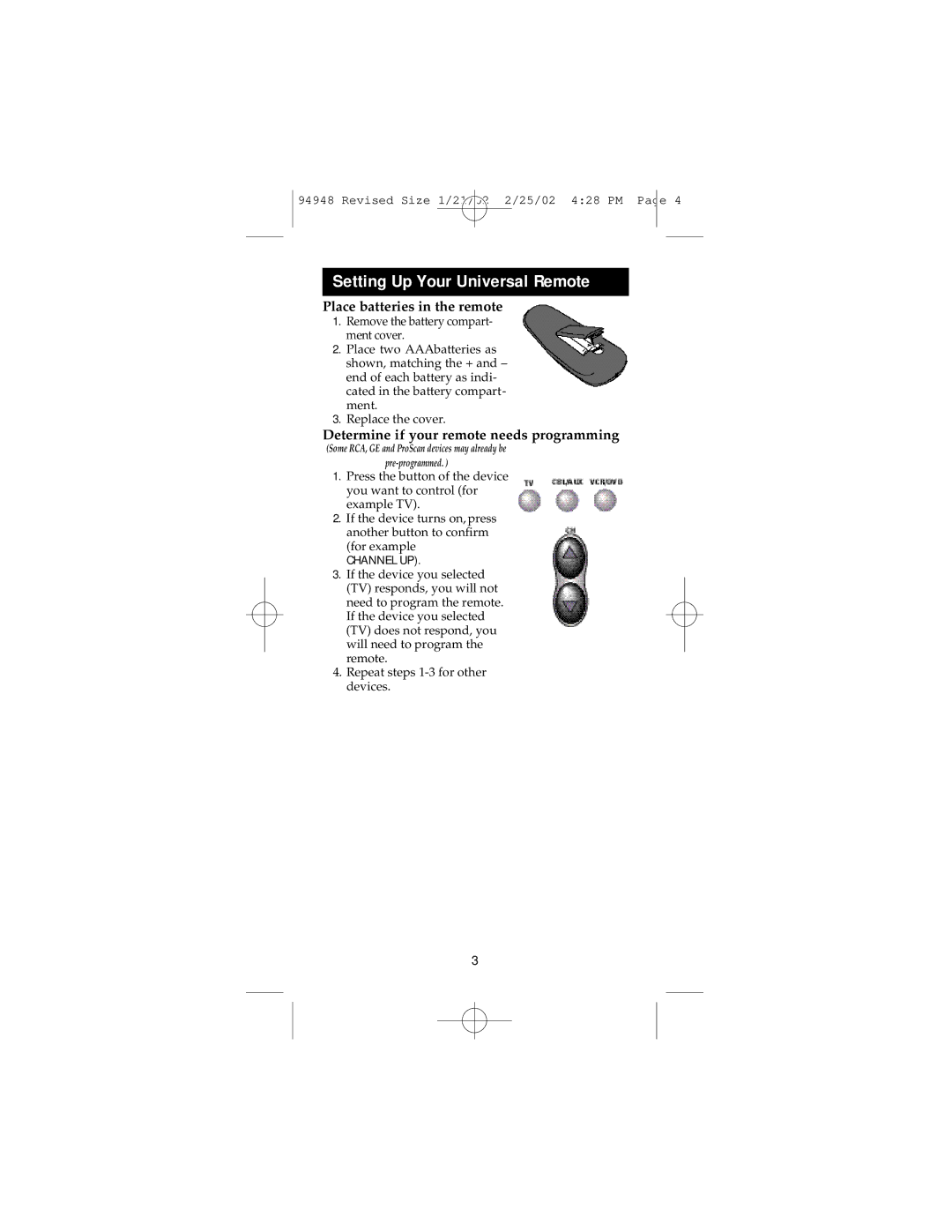 GE RM94948 instruction manual Setting Up Your Universal Remote, Place batteries in the remote 