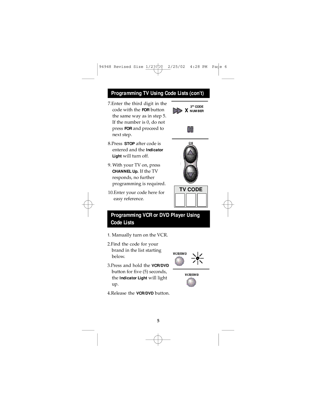 GE RM94948 instruction manual Programming TV Using Code Lists con’t, Programming VCR or DVD Player Using Code Lists 