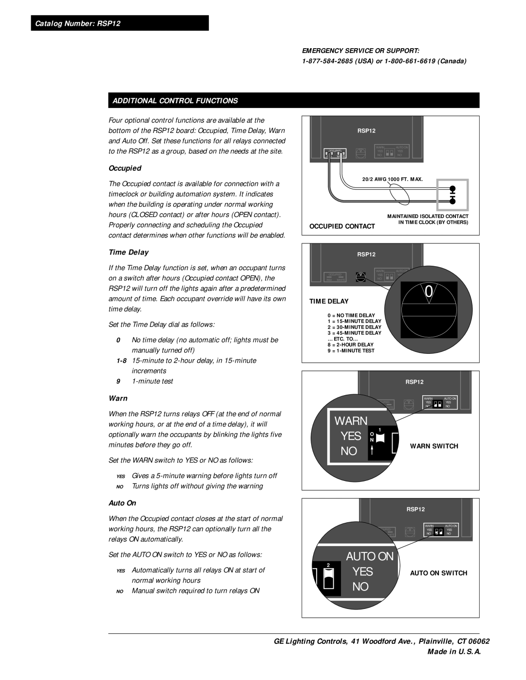 GE RPS12 installation instructions Additional Control Functions, Occupied, Time Delay, Warn, Auto On 