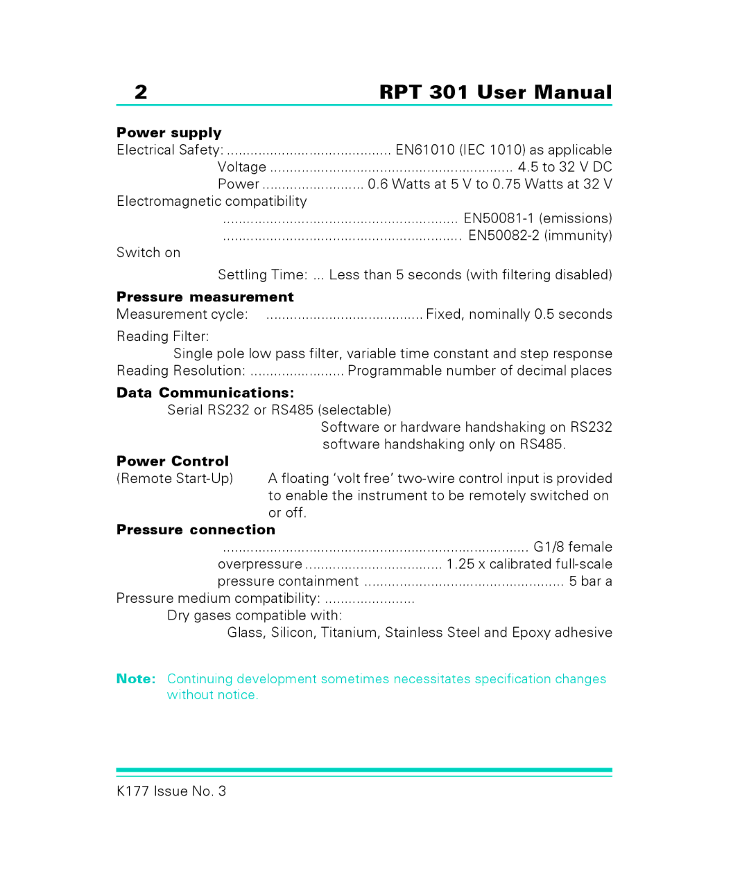 GE RPT 301 user manual Power supply, Pressure measurement, Data Communications, Pressure connection 