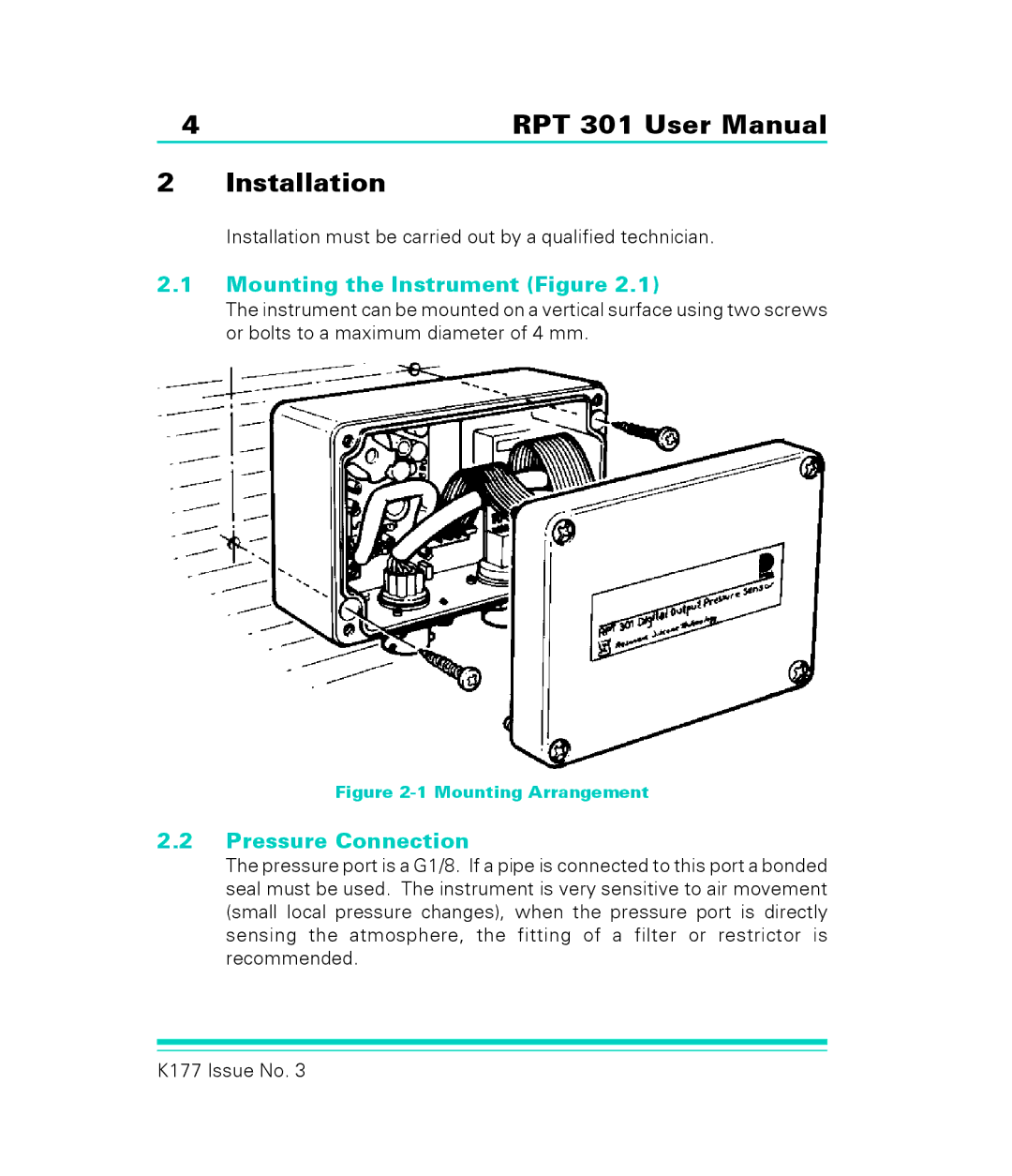 GE RPT 301 user manual Mounting the Instrument Figure, Pressure Connection 