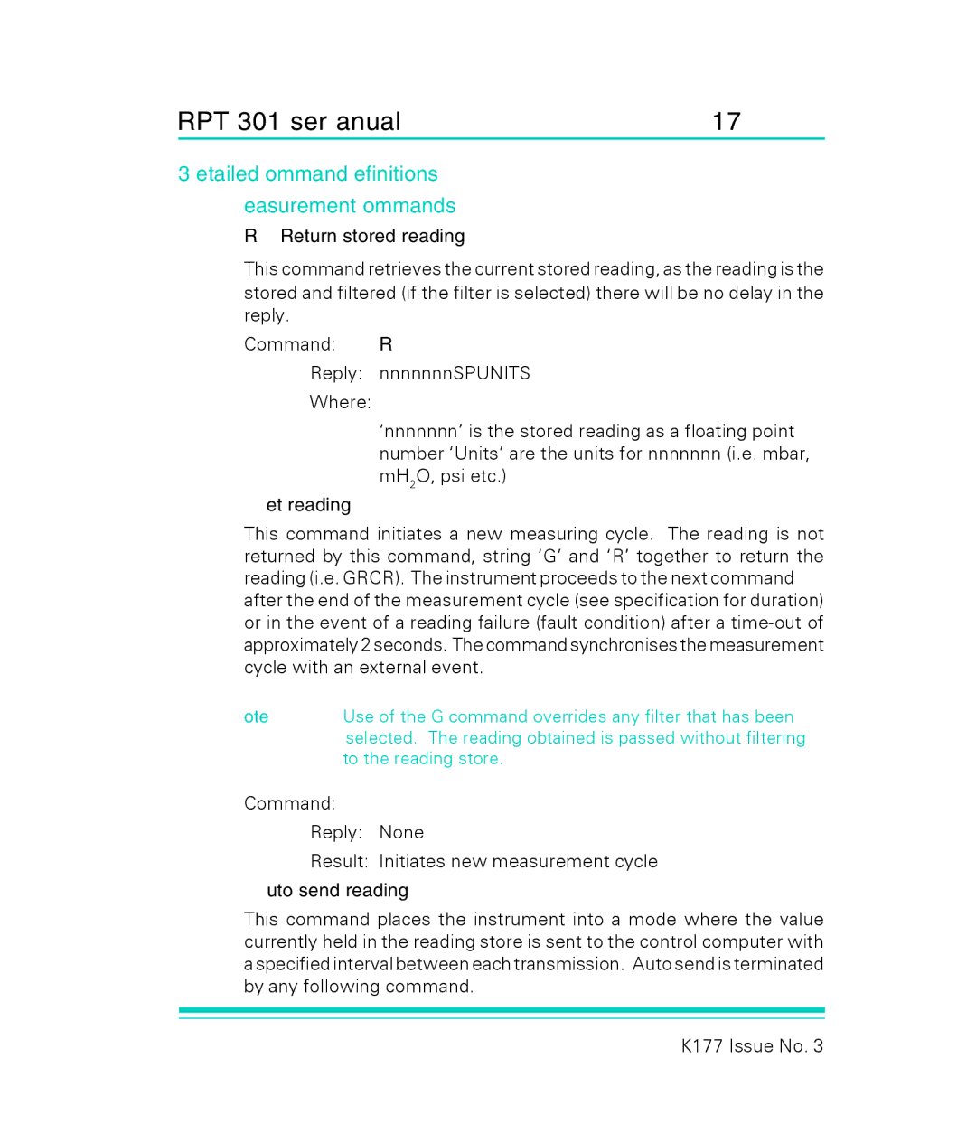 GE RPT 301 Detailed Command Definitions Measurement Commands, Return stored reading, Get reading, Auto send reading 