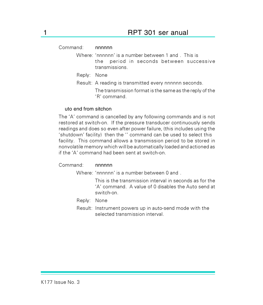 GE RPT 301 user manual Auto Send from switch-on 