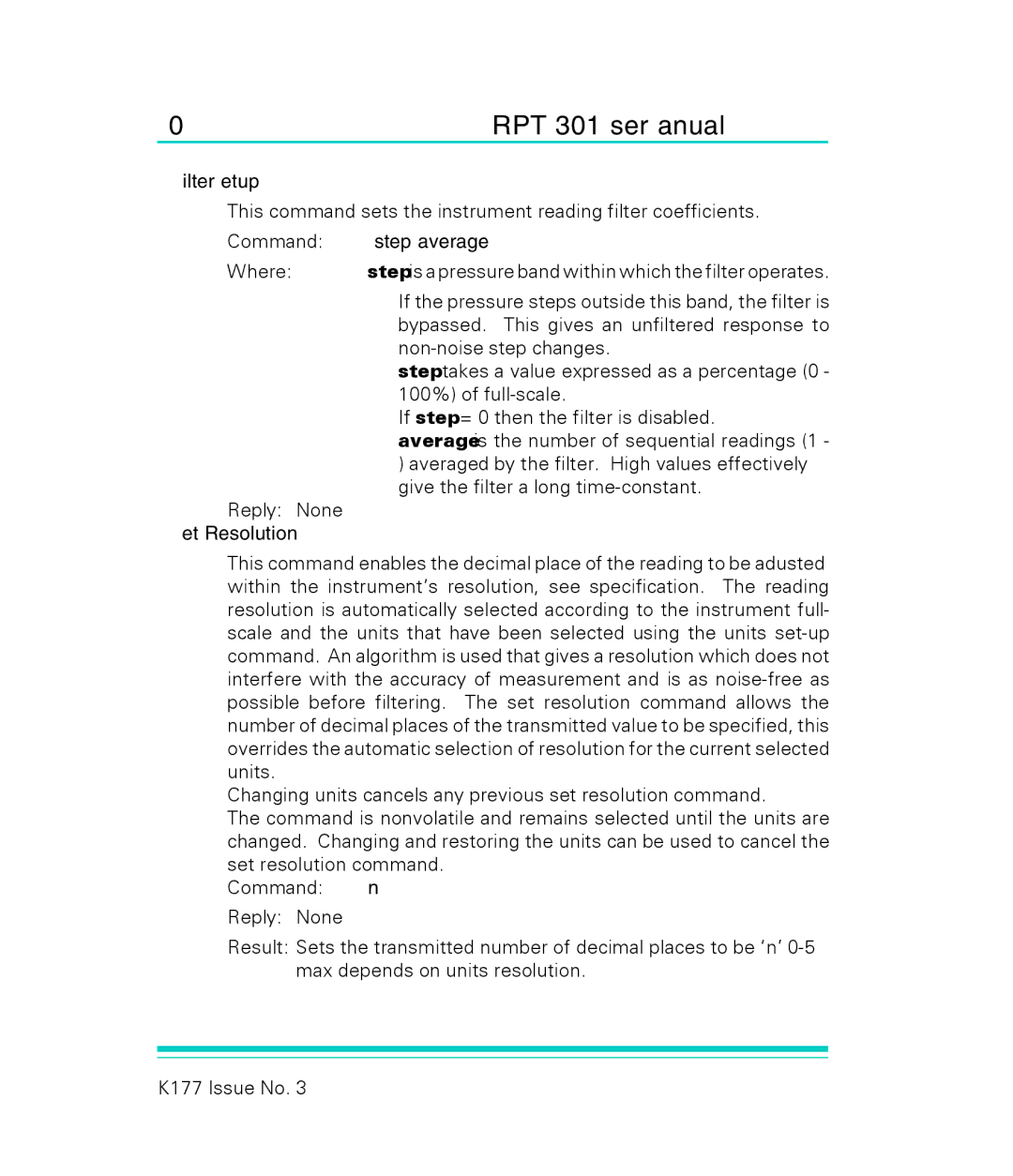 GE RPT 301 user manual Filter Set-up, Command F, step, average, Set Resolution 