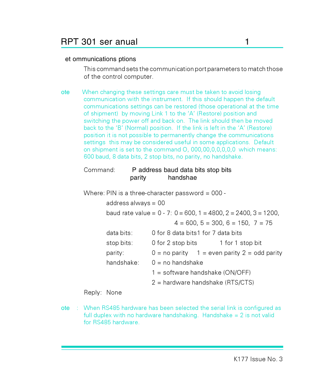 GE RPT 301 user manual Set Communications Options 